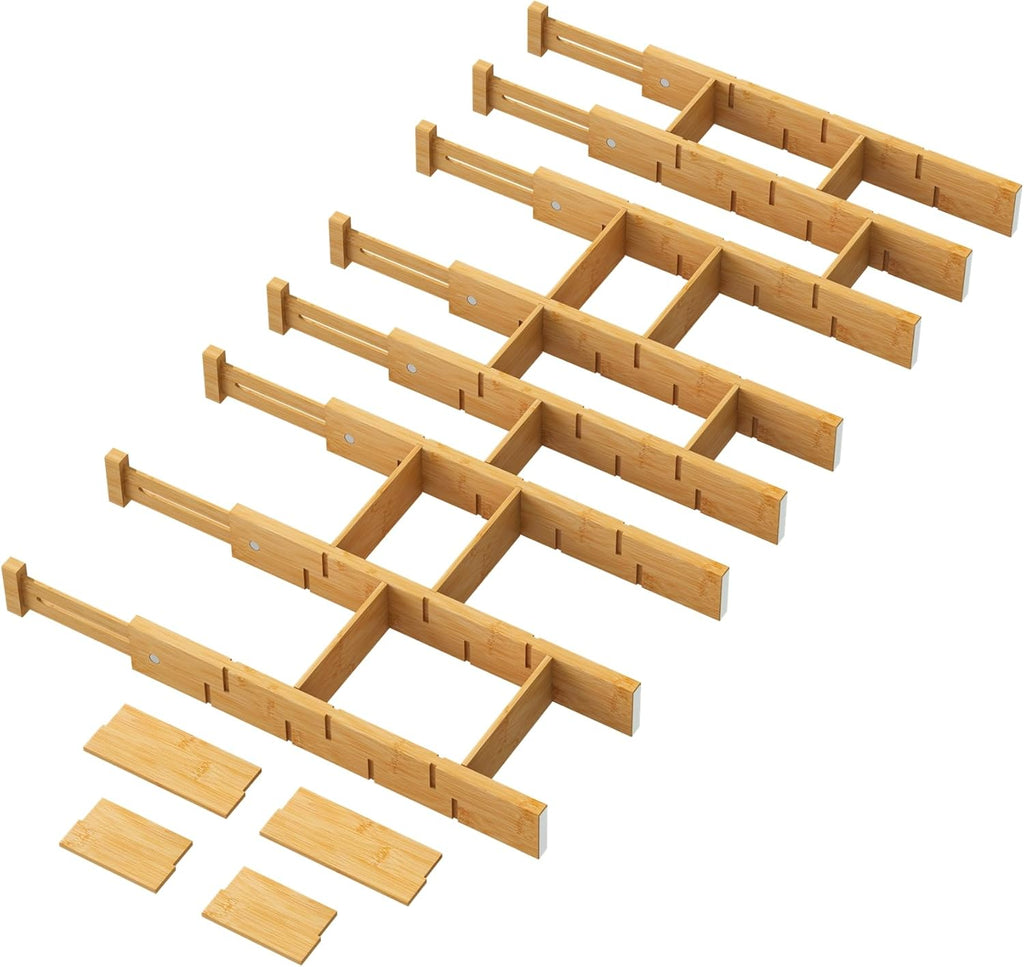 kiplant Bamboo Drawer Dividers - Adjustable Drawer Dividers for Clothes, Kitchen, Closet & Office - 8 Pack with Inserts, 18-22.6 Inches, Non-Slip Silicone Ends