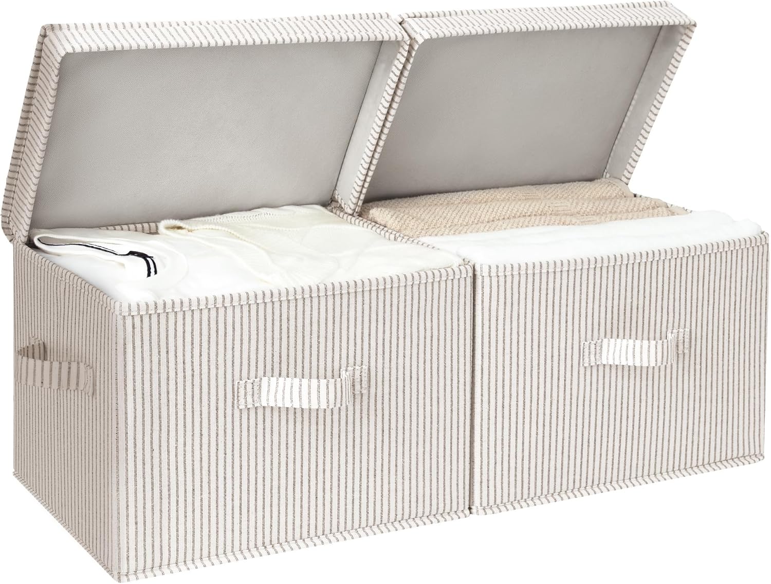 StorageWorks Fabric Storage Bins with Lid, Decorative Storage Boxes for Shelves, Stackable Closet Organizer Basket with Handles, Large, Khaki and Beige Stripes, 2-Pack