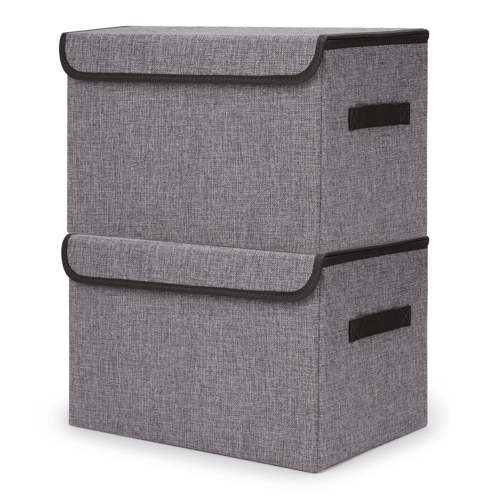 Bagnizer Large 17" 42 Quarts Collapsible Stackable Storage Bins with Lids [3-Pack] Foldable Fabric Linen Storage Boxes Cube, Closet Organizer Baskets with Label for Home (16.7 x 12 x 12, Gray)
