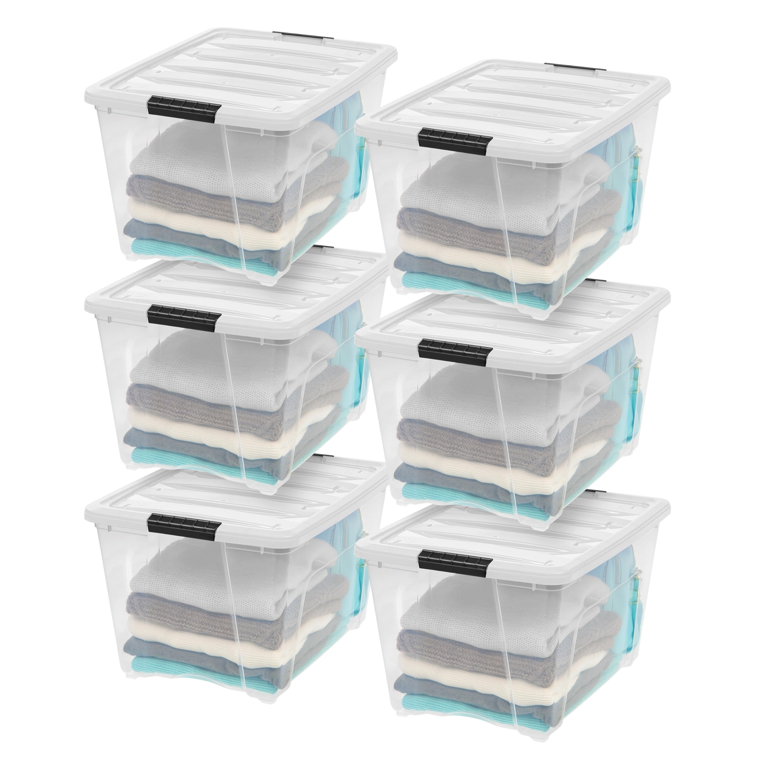 IRIS USA 54 Qt Stackable Plastic Storage Bins with Lids, 6 Pack - BPA-Free, Made in USA - See-Through Organizing Solution, Latches, Durable Nestable Containers, Secure Pull Handle - Clear