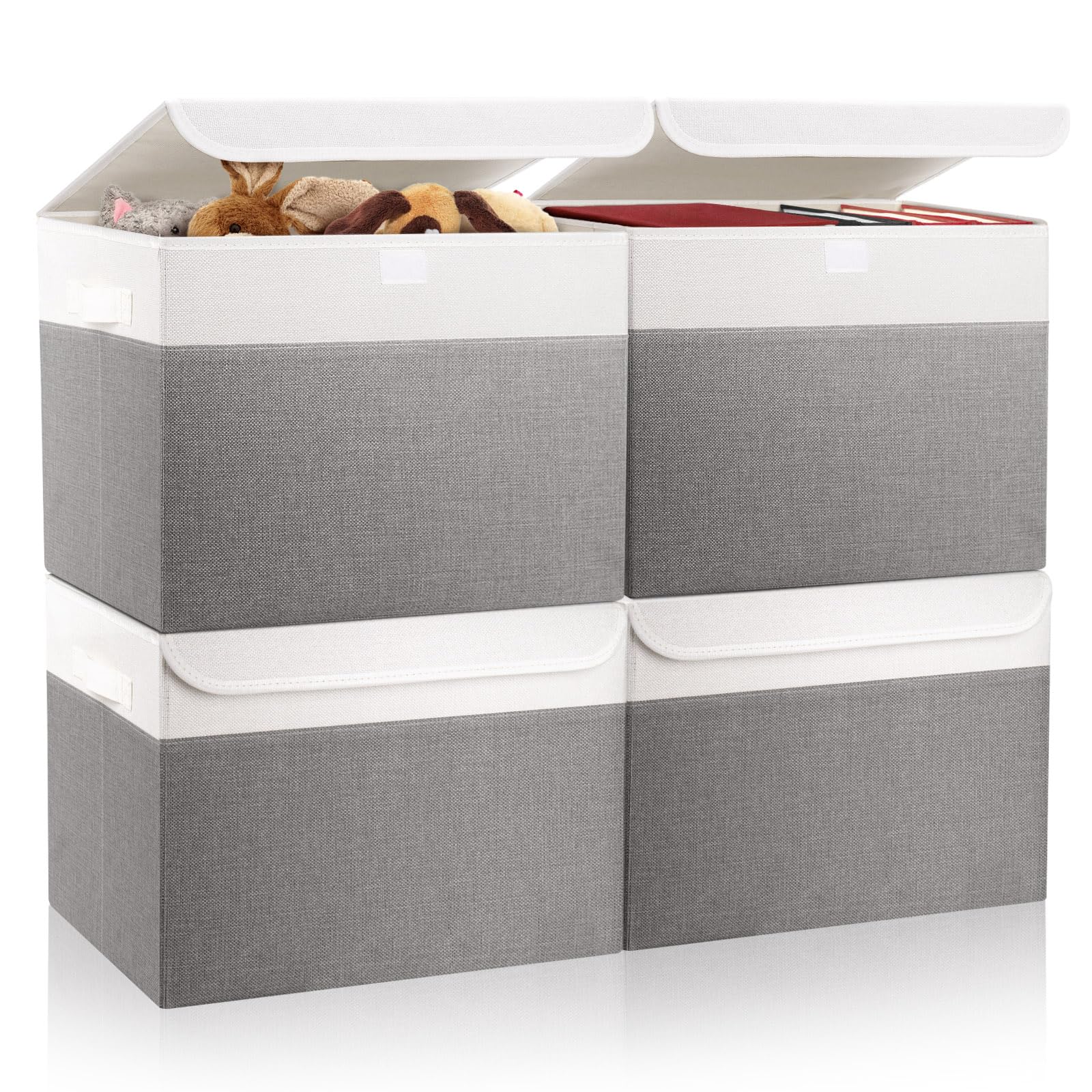 Bagnizer Large 17" 42 Quarts Collapsible Stackable Storage Bins with Lids [3-Pack] Foldable Fabric Linen Storage Boxes Cube, Closet Organizer Baskets with Label for Home (16.7 x 12 x 12, Gray)