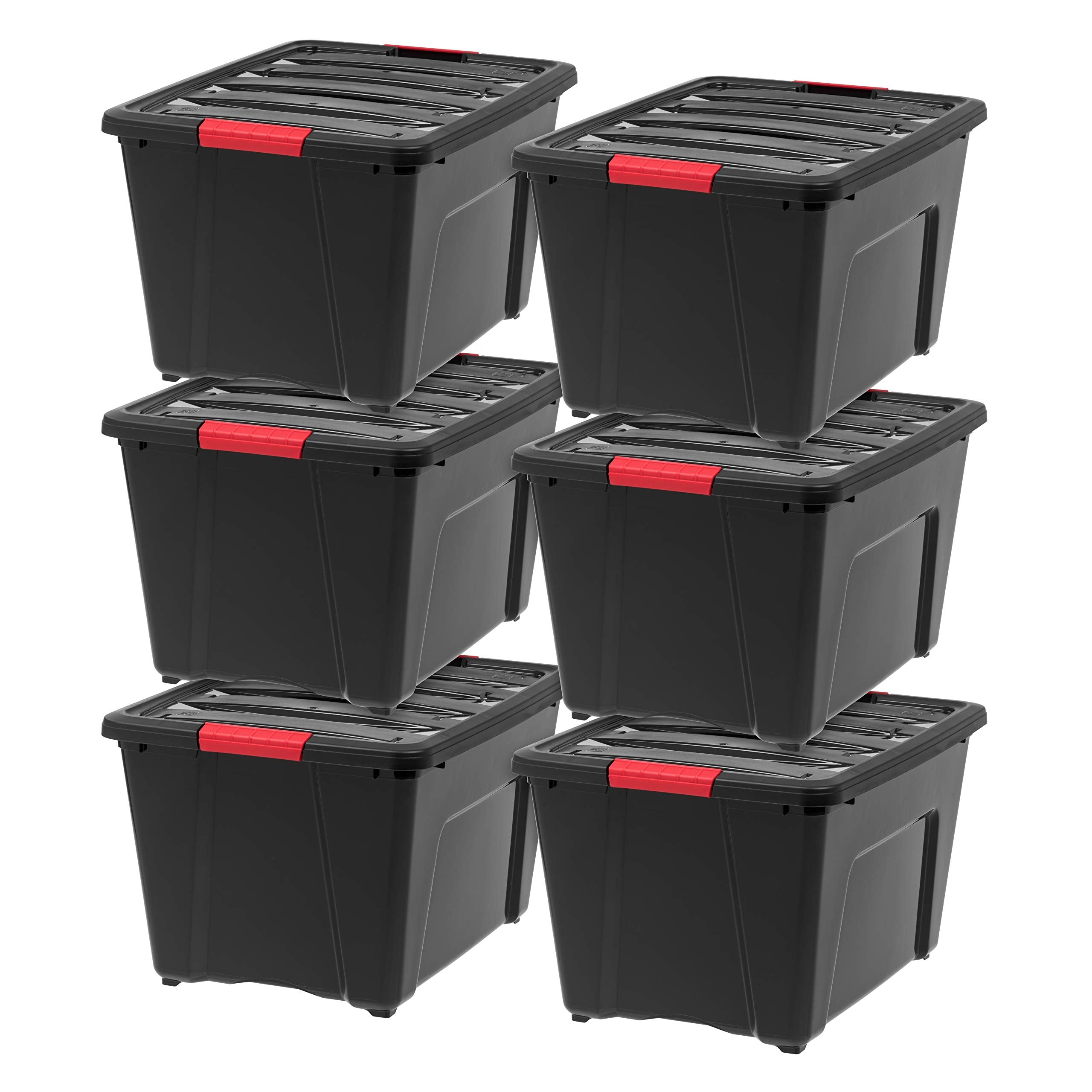 IRIS USA 54 Qt Stackable Plastic Storage Bins with Lids, 6 Pack - BPA-Free, Made in USA - See-Through Organizing Solution, Latches, Durable Nestable Containers, Secure Pull Handle - Clear