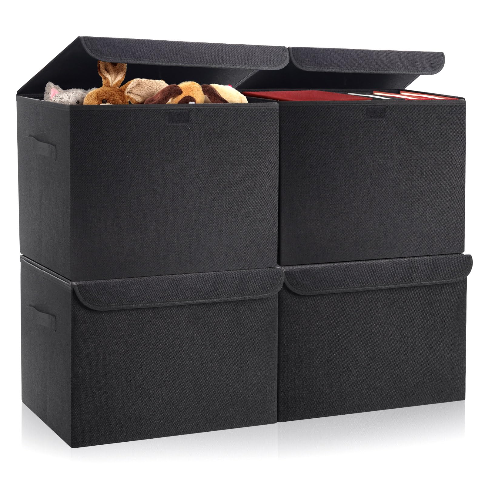 Bagnizer Large 17" 42 Quarts Collapsible Stackable Storage Bins with Lids [3-Pack] Foldable Fabric Linen Storage Boxes Cube, Closet Organizer Baskets with Label for Home (16.7 x 12 x 12, Gray)