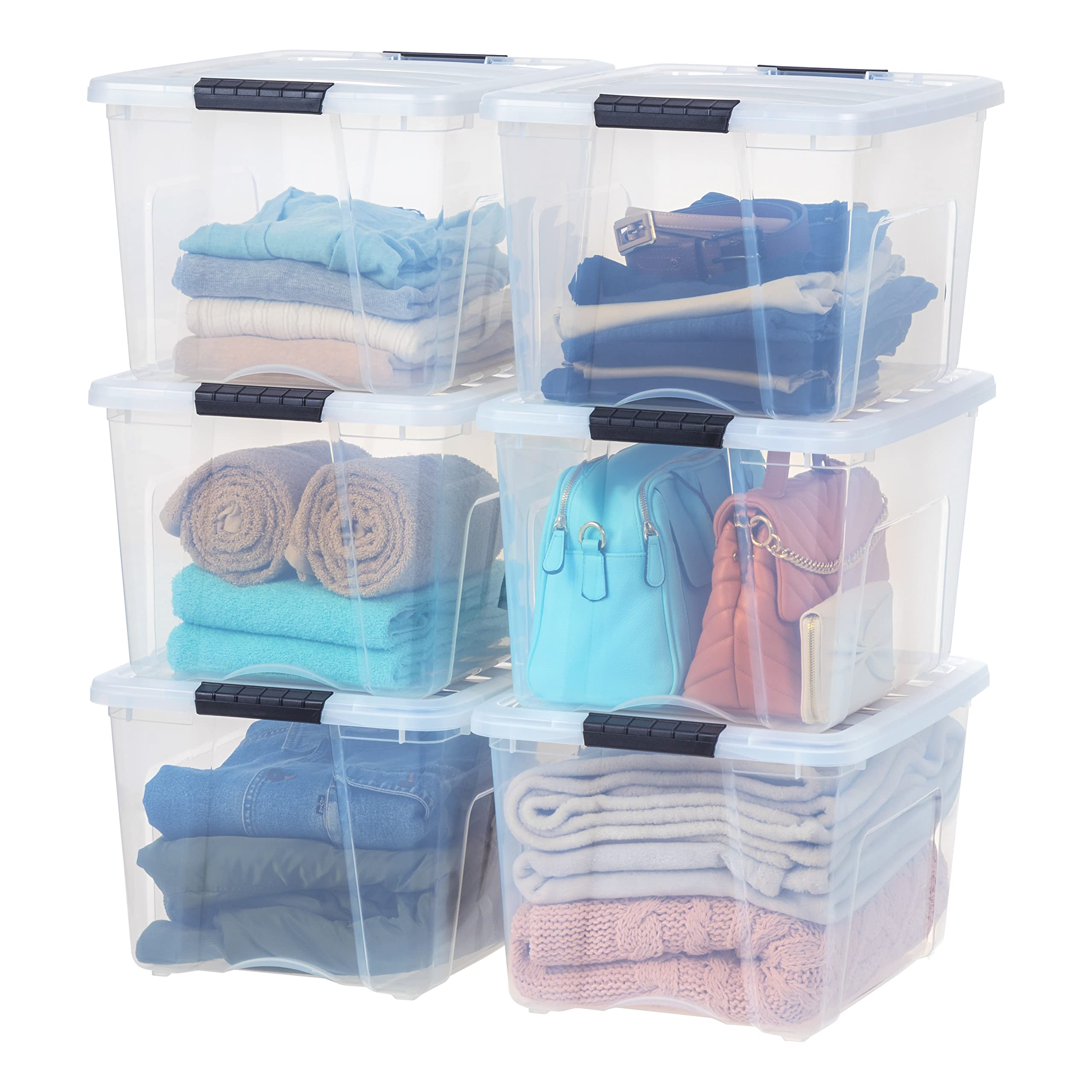 IRIS USA 54 Qt Stackable Plastic Storage Bins with Lids, 6 Pack - BPA-Free, Made in USA - See-Through Organizing Solution, Latches, Durable Nestable Containers, Secure Pull Handle - Clear