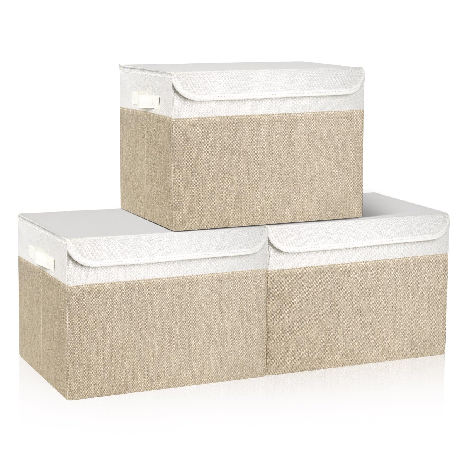 Bagnizer Large 17" 42 Quarts Collapsible Stackable Storage Bins with Lids [3-Pack] Foldable Fabric Linen Storage Boxes Cube, Closet Organizer Baskets with Label for Home (16.7 x 12 x 12, Gray)
