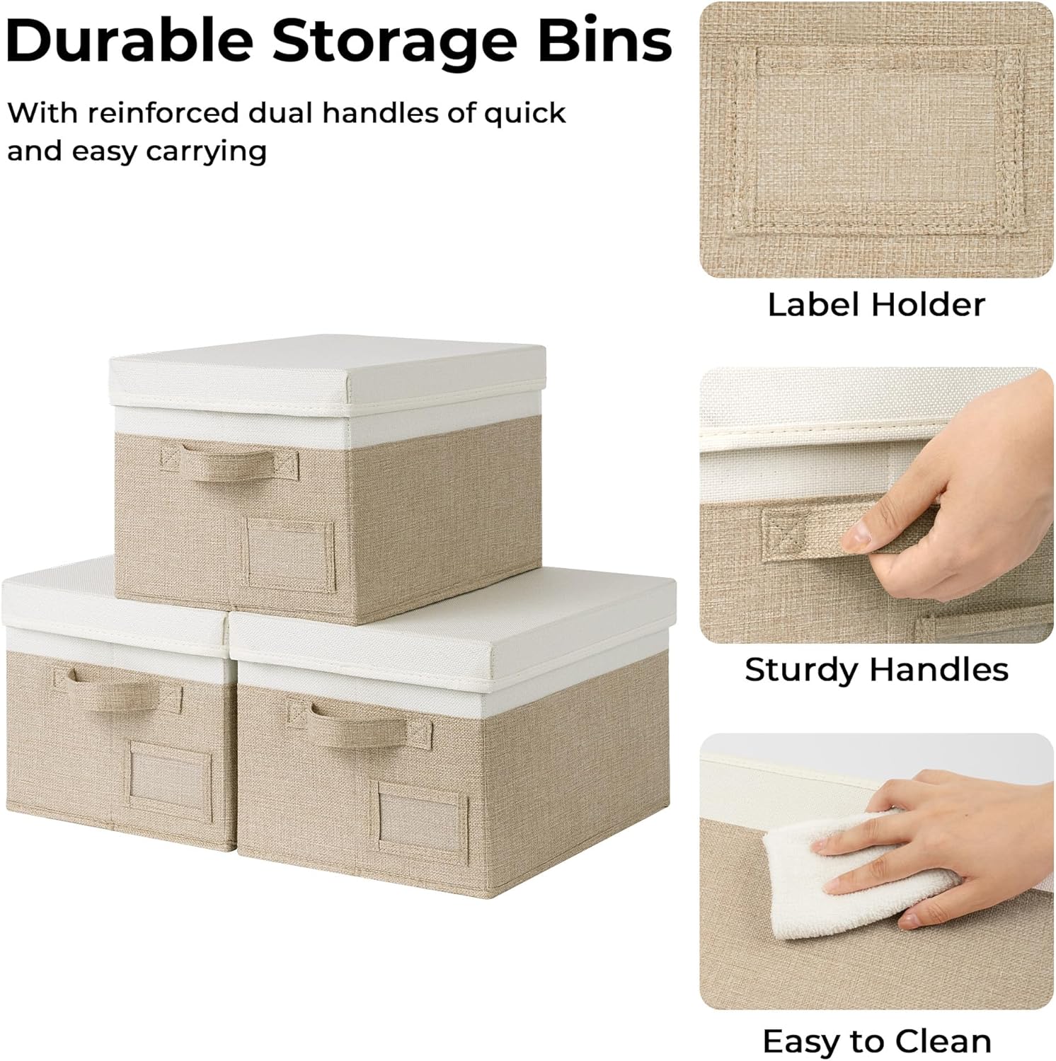 GRANNY SAYS Storage Basket with Lid, Linen Fabric Storage Bins with Label, Decorative Storage Boxes, Clothes Storage and Organization, Memory Keepsake Box, 3-Pack, Khaki&Ivory