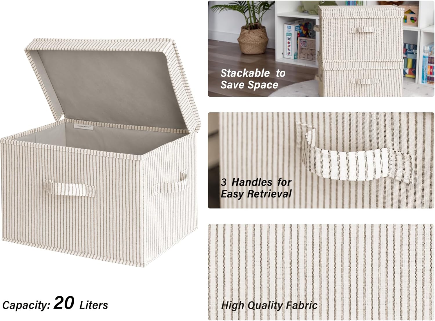 StorageWorks Fabric Storage Bins with Lid, Decorative Storage Boxes for Shelves, Stackable Closet Organizer Basket with Handles, Large, Khaki and Beige Stripes, 2-Pack