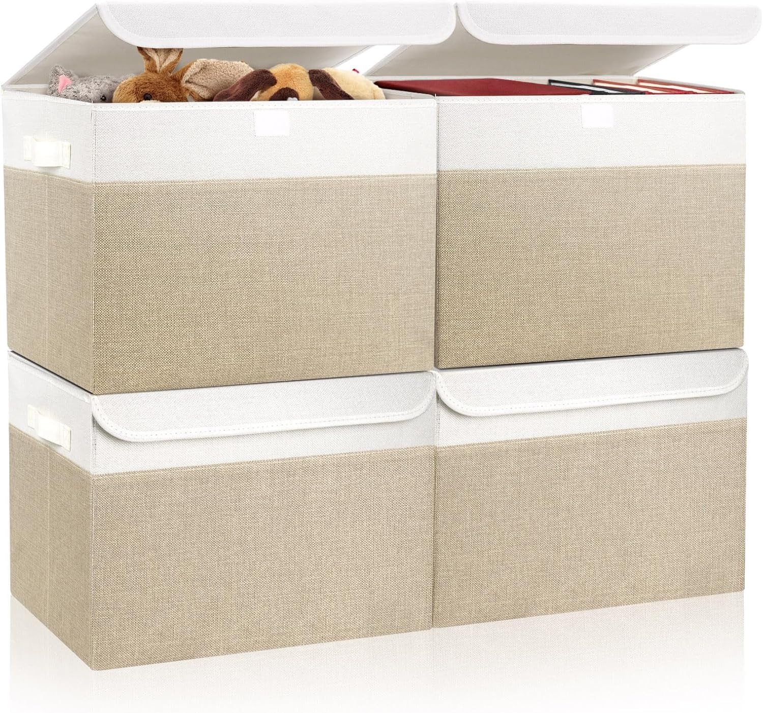 Bagnizer Large 17" 42 Quarts Collapsible Stackable Storage Bins with Lids [3-Pack] Foldable Fabric Linen Storage Boxes Cube, Closet Organizer Baskets with Label for Home (16.7 x 12 x 12, Gray)
