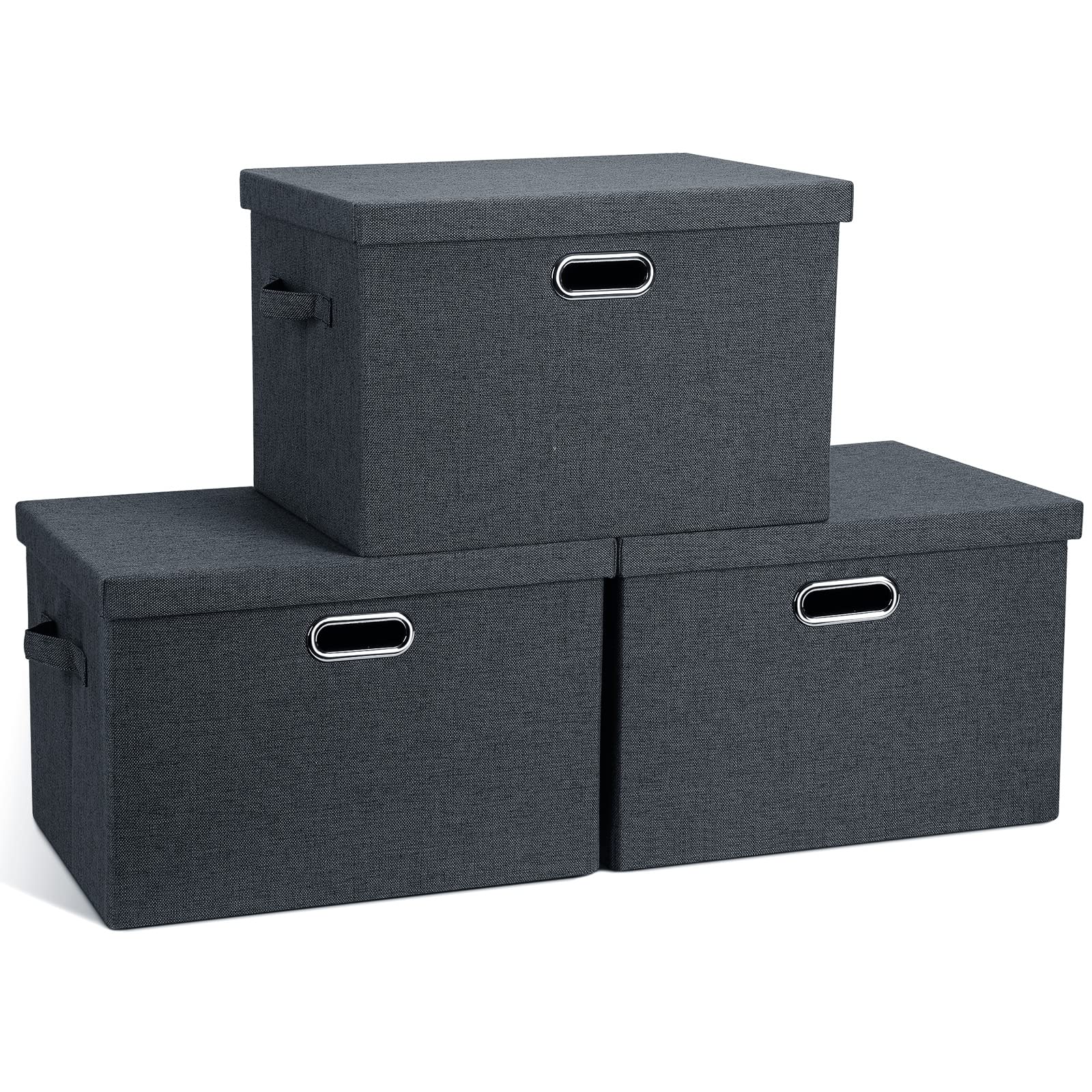 Graciadeco Large Quart Collapsible Stackable Storage Bins with Lids, 3 Packs Beige Linen Fabric Closet Boxes with Lids, Storage Cube Baskets Container Organizers for Bedroom Office(16.6 x 11.7 x 10.8)