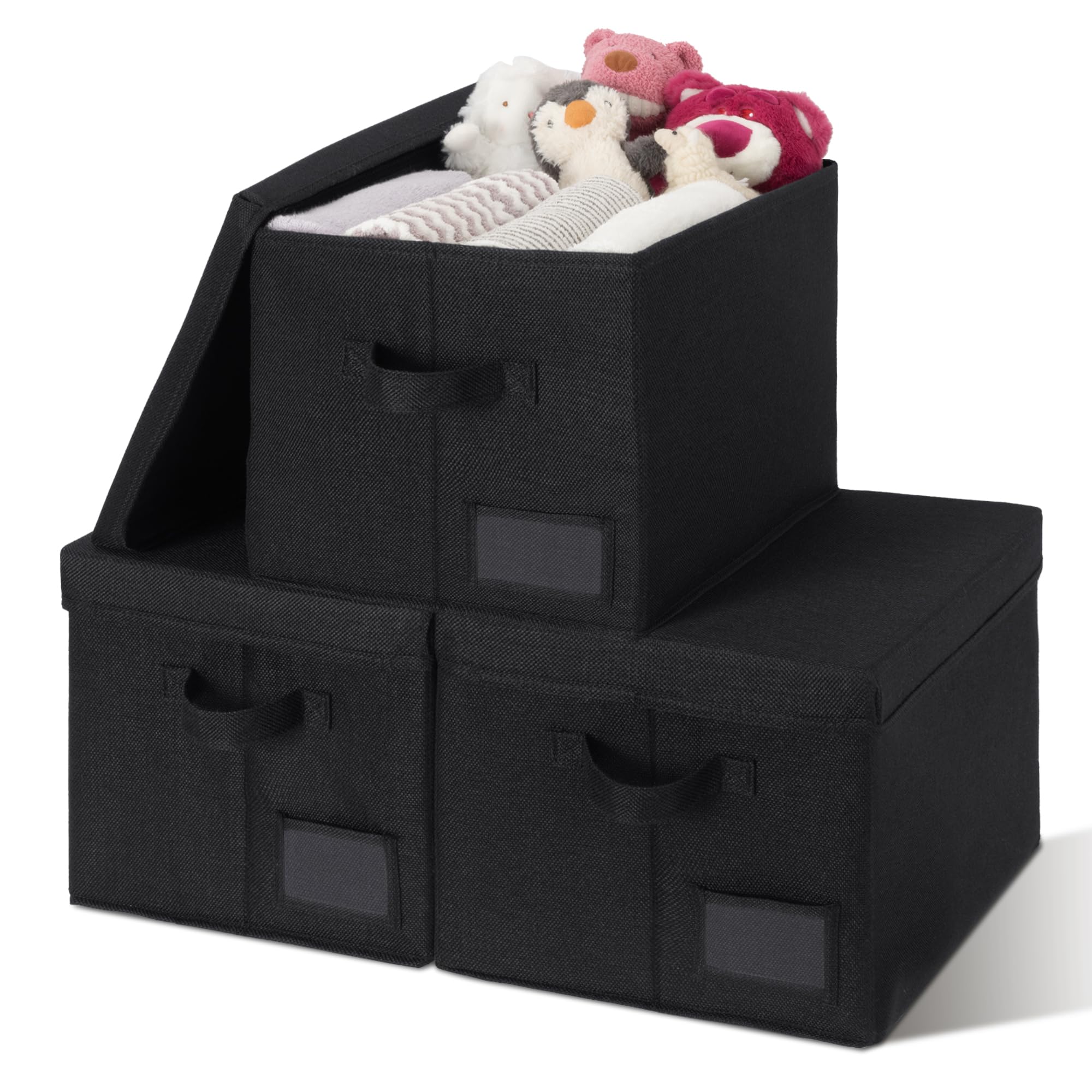 GRANNY SAYS Storage Basket with Lid, Linen Fabric Storage Bins with Label, Decorative Storage Boxes, Clothes Storage and Organization, Memory Keepsake Box, 3-Pack, Khaki&Ivory