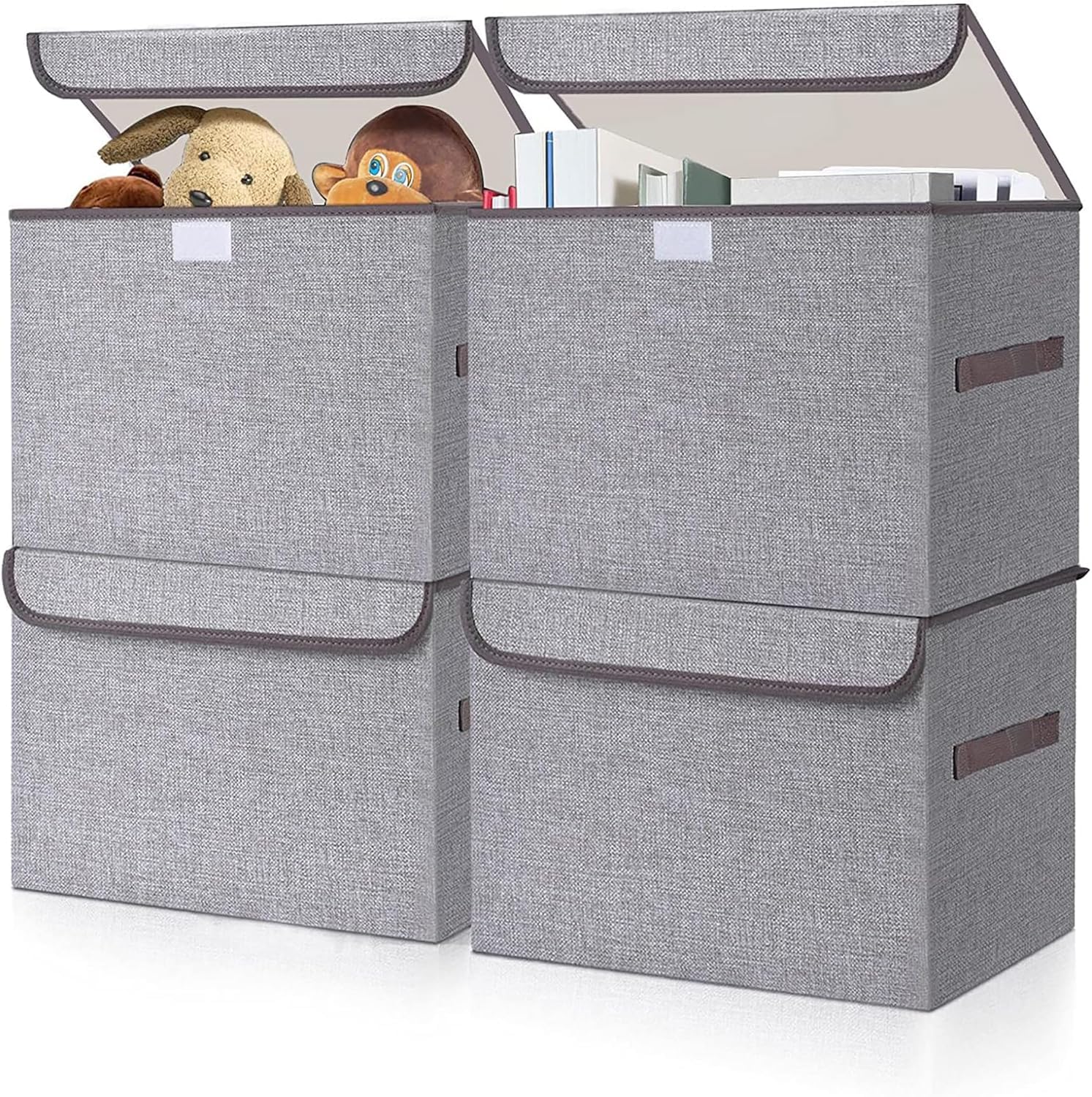 Bagnizer Large 17" 42 Quarts Collapsible Stackable Storage Bins with Lids [3-Pack] Foldable Fabric Linen Storage Boxes Cube, Closet Organizer Baskets with Label for Home (16.7 x 12 x 12, Gray)