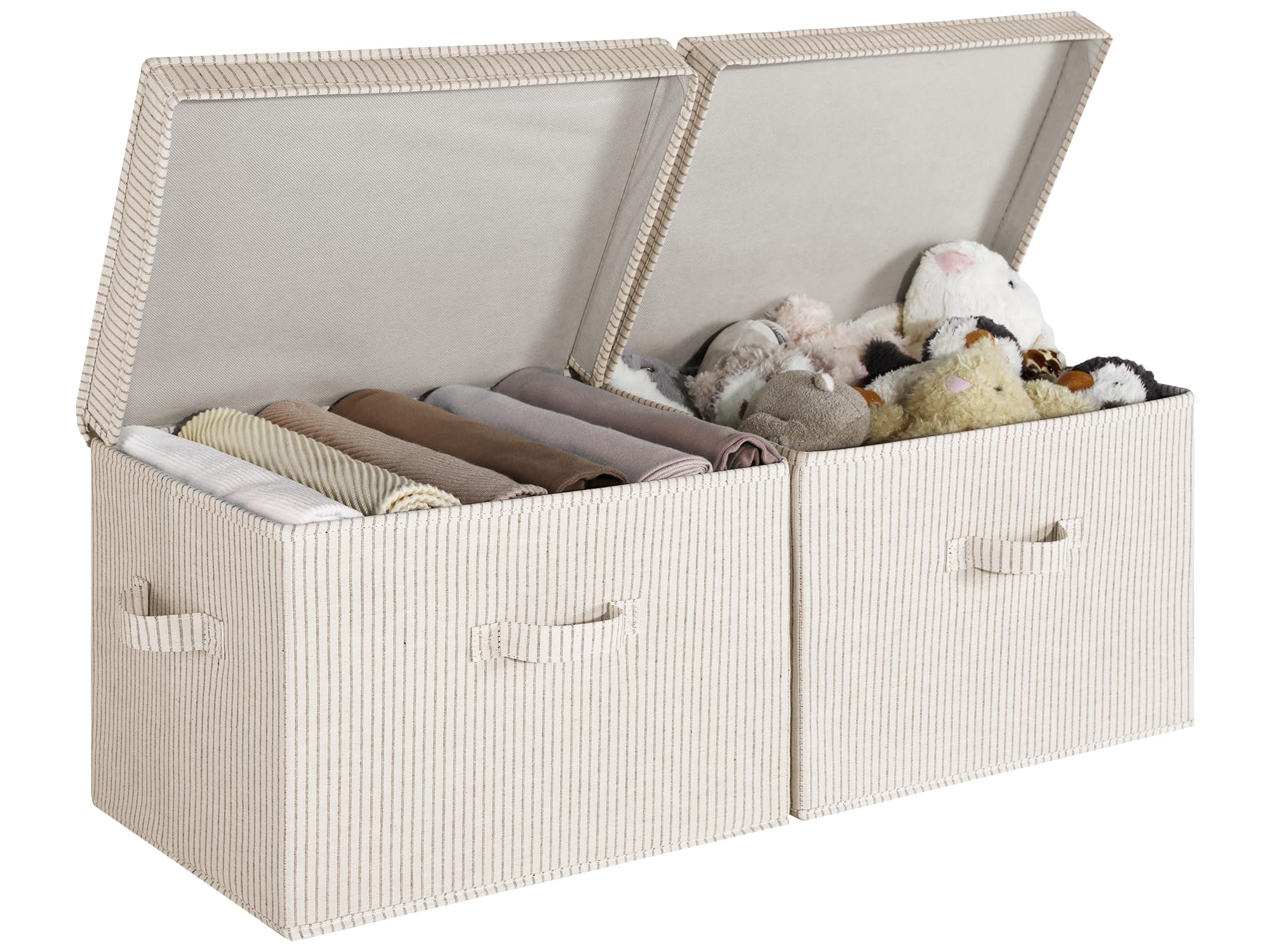 StorageWorks Fabric Storage Bins with Lid, Decorative Storage Boxes for Shelves, Stackable Closet Organizer Basket with Handles, Large, Mixing of Beige, White & Ivory, 2-Pack