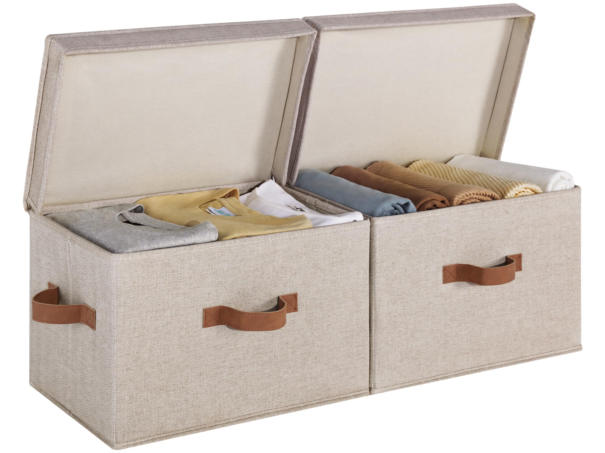 StorageWorks Fabric Storage Bins with Lid, Decorative Storage Boxes for Shelves, Stackable Closet Organizer Basket with Handles, Large, Khaki and Beige Stripes, 2-Pack