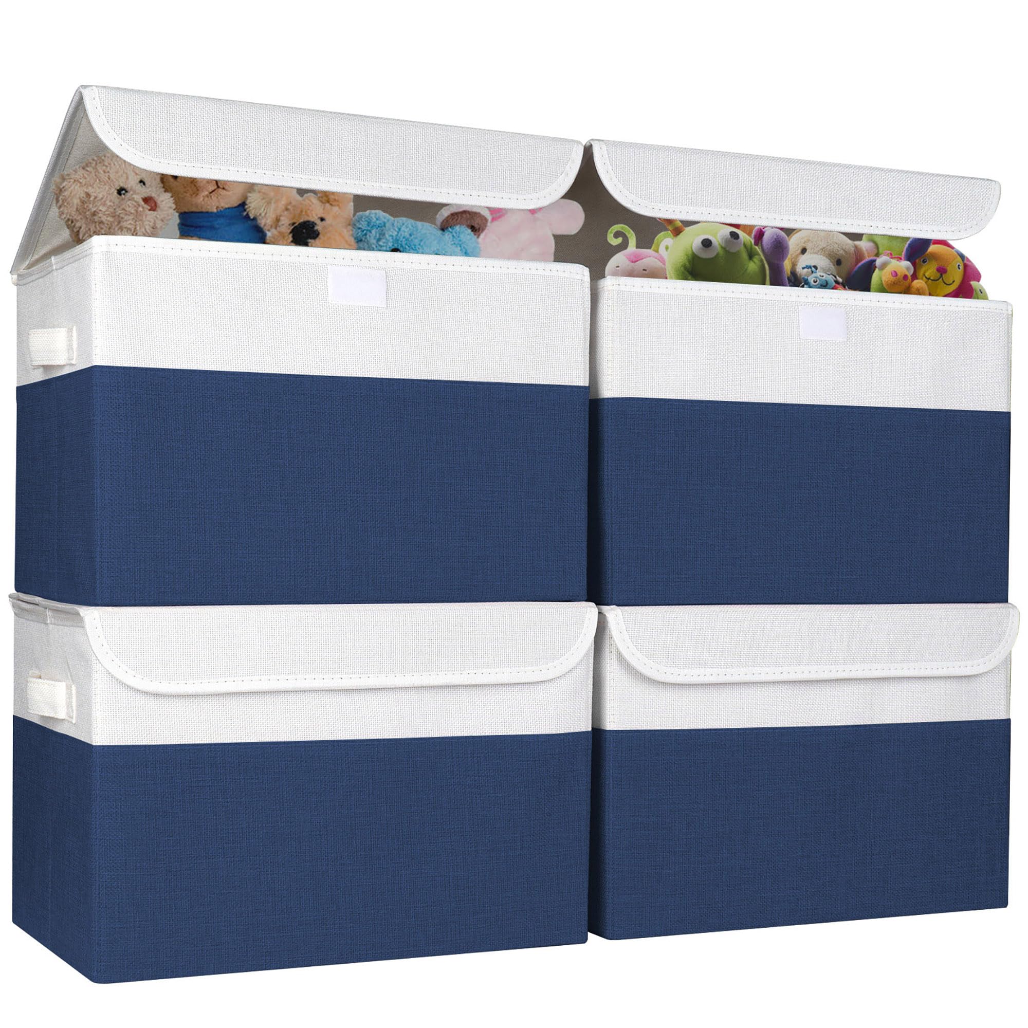Bagnizer Large 17" 42 Quarts Collapsible Stackable Storage Bins with Lids [3-Pack] Foldable Fabric Linen Storage Boxes Cube, Closet Organizer Baskets with Label for Home (16.7 x 12 x 12, Gray)