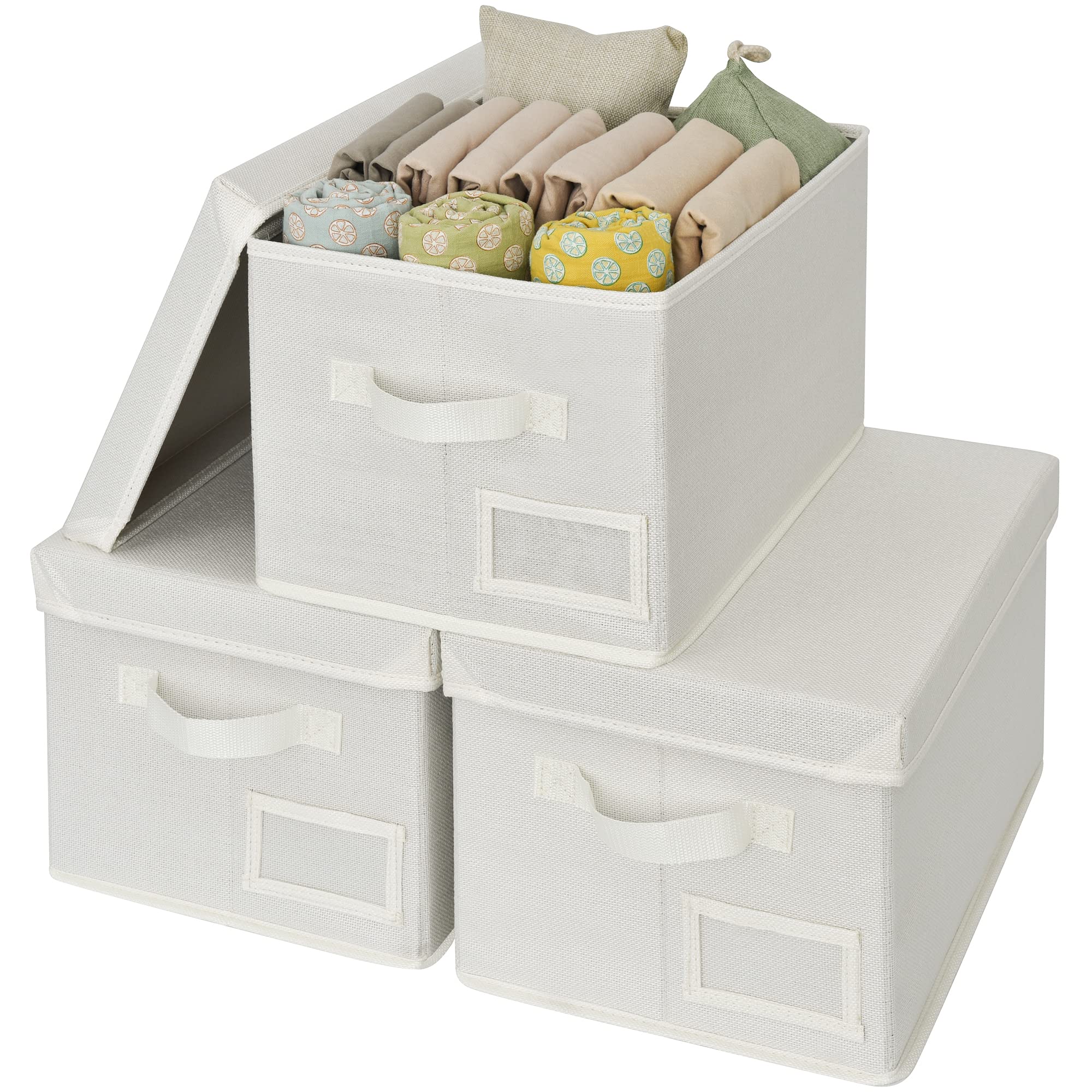 GRANNY SAYS Storage Basket with Lid, Linen Fabric Storage Bins with Label, Decorative Storage Boxes, Clothes Storage and Organization, Memory Keepsake Box, 3-Pack, Khaki&Ivory