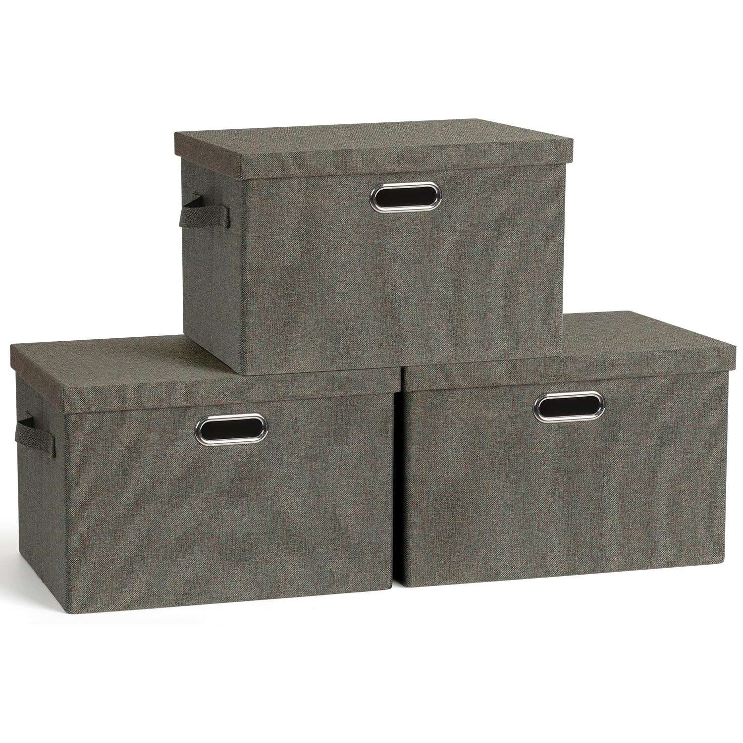 Graciadeco Large Quart Collapsible Stackable Storage Bins with Lids, 3 Packs Beige Linen Fabric Closet Boxes with Lids, Storage Cube Baskets Container Organizers for Bedroom Office(16.6 x 11.7 x 10.8)