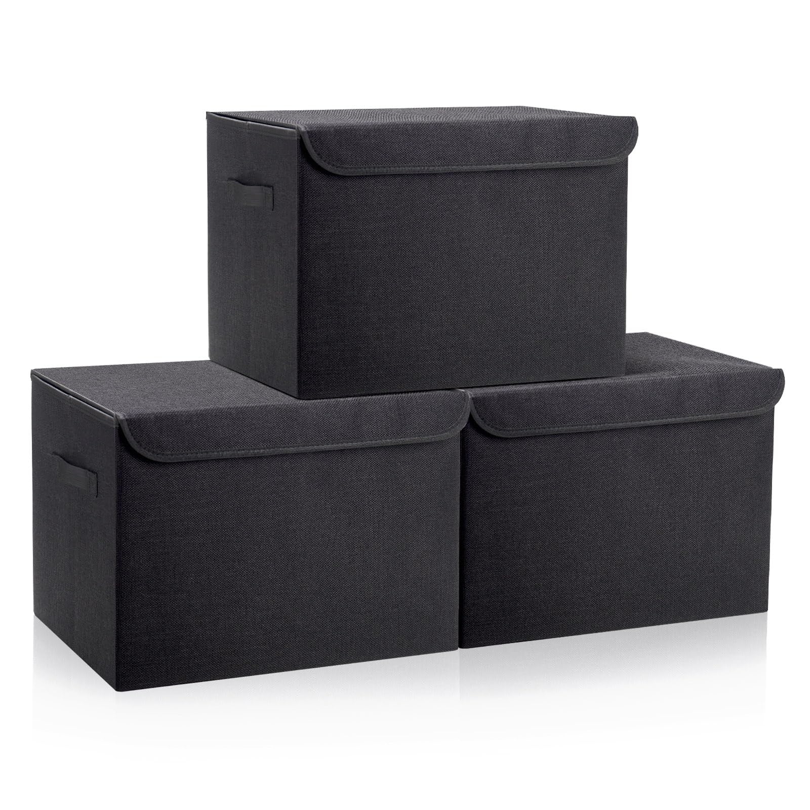 Bagnizer Large 17" 42 Quarts Collapsible Stackable Storage Bins with Lids [3-Pack] Foldable Fabric Linen Storage Boxes Cube, Closet Organizer Baskets with Label for Home (16.7 x 12 x 12, Gray)