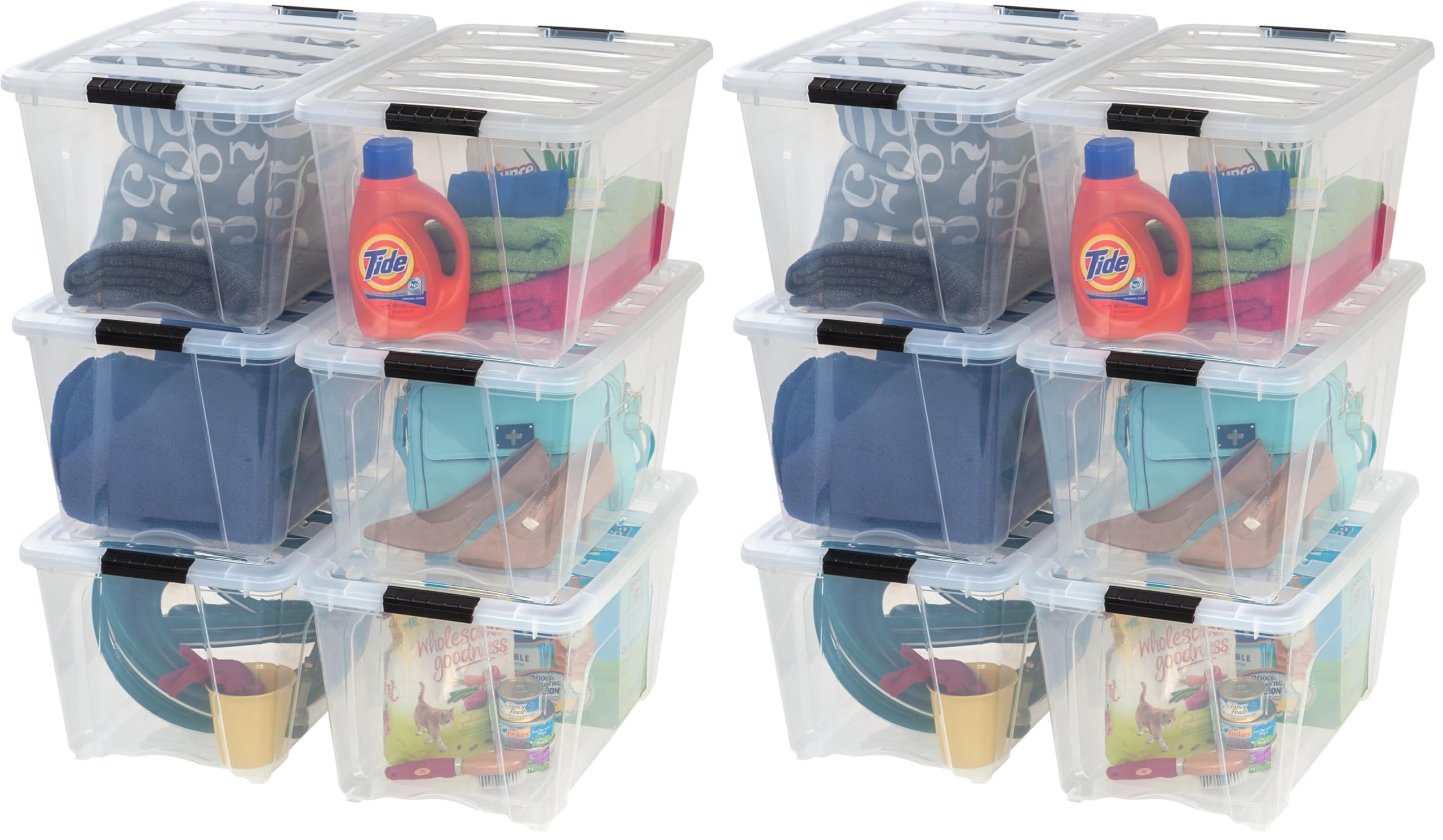 IRIS USA 54 Qt Stackable Plastic Storage Bins with Lids, 6 Pack - BPA-Free, Made in USA - See-Through Organizing Solution, Latches, Durable Nestable Containers, Secure Pull Handle - Clear