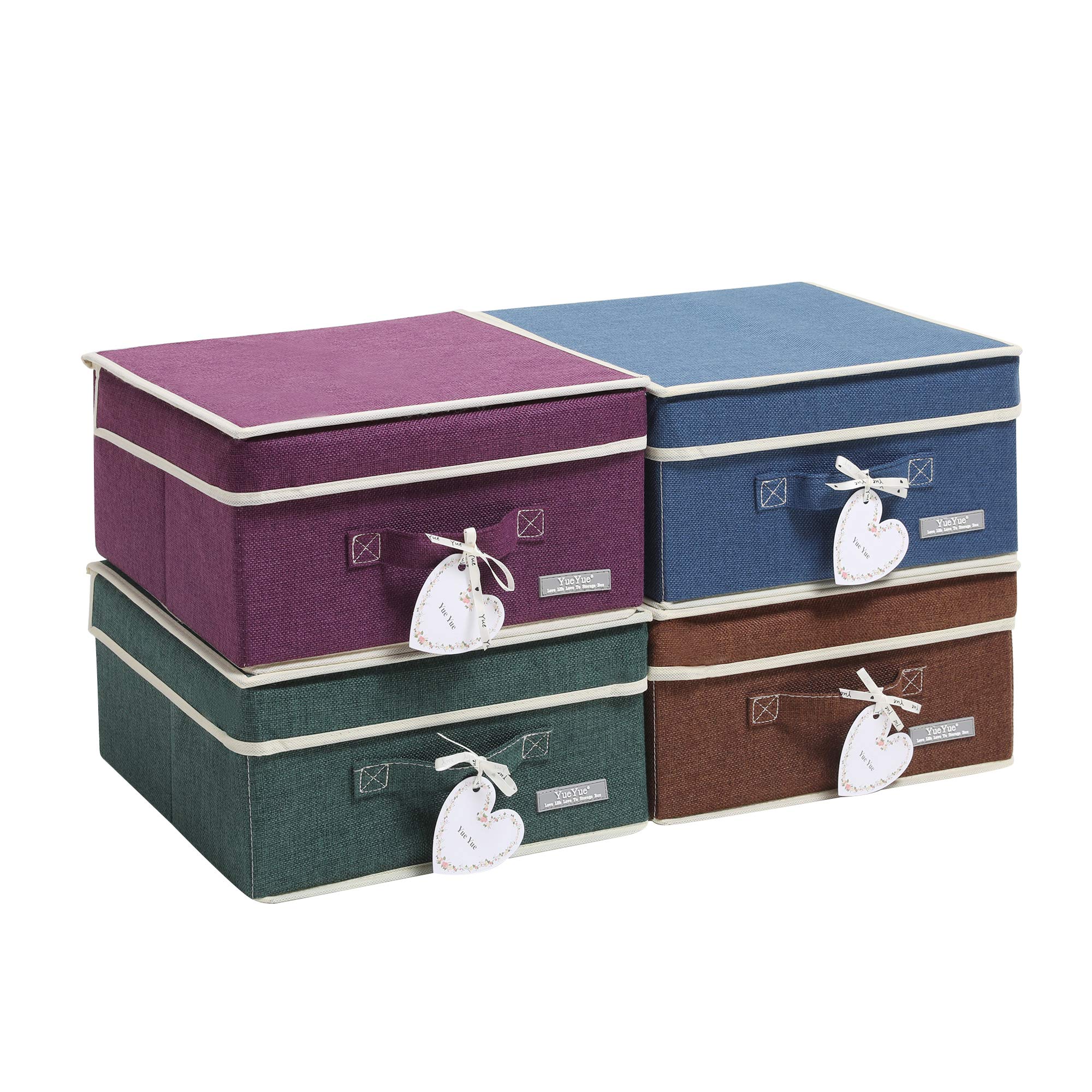 YueYue Small 4 Pack Fabric Stroage Box with Lids, Linen Foldable Stroage Box with lids 4 Color Set 12.4in/12in/6.7in