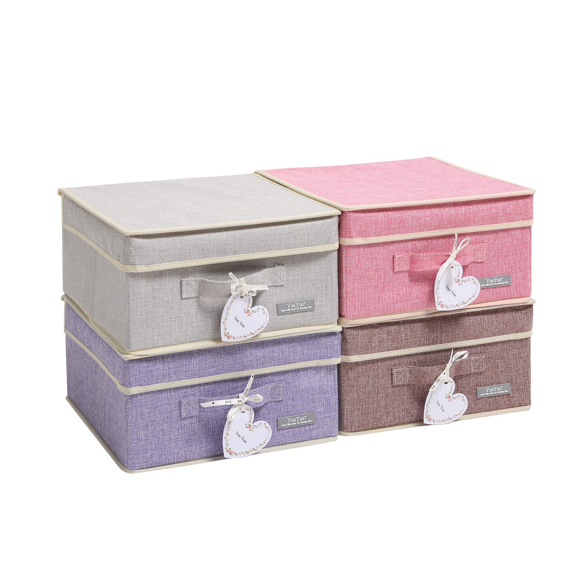 YueYue Small 4 Pack Fabric Stroage Box with Lids, Linen Foldable Stroage Box with lids 4 Color Set 12.4in/12in/6.7in