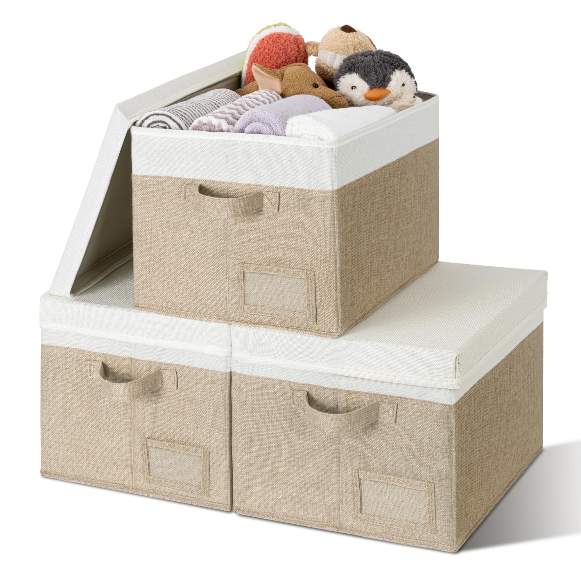 GRANNY SAYS Storage Basket with Lid, Linen Fabric Storage Bins with Label, Decorative Storage Boxes, Clothes Storage and Organization, Memory Keepsake Box, 3-Pack, Khaki&Ivory