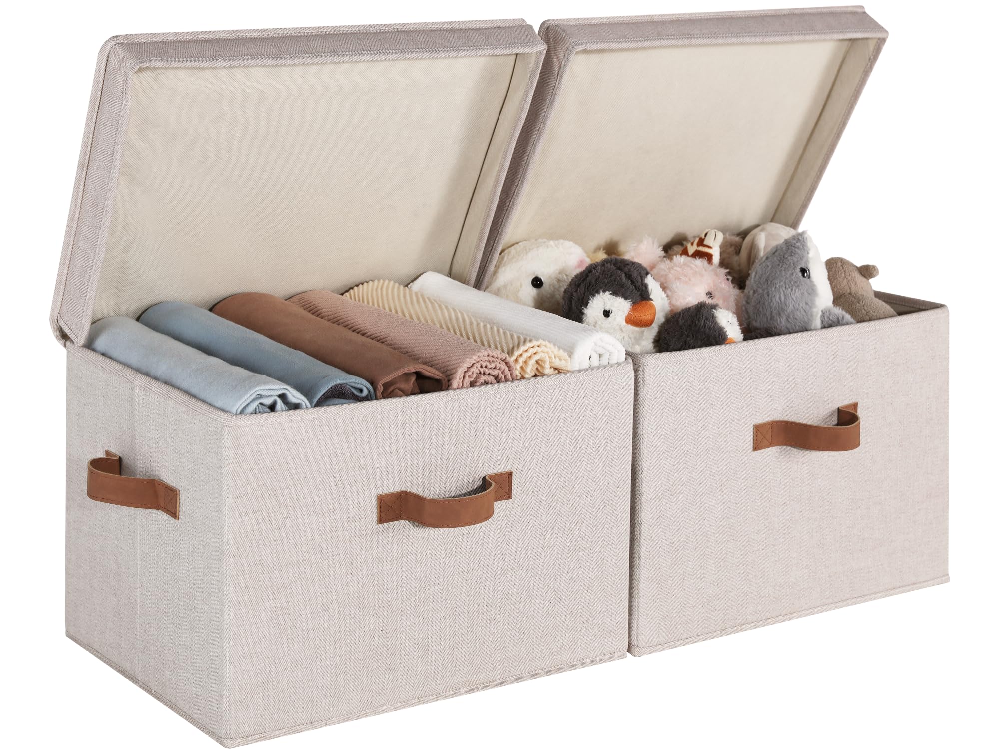StorageWorks Fabric Storage Bins with Lid, Decorative Storage Boxes for Shelves, Stackable Closet Organizer Basket with Handles, Large, Khaki and Beige Stripes, 2-Pack