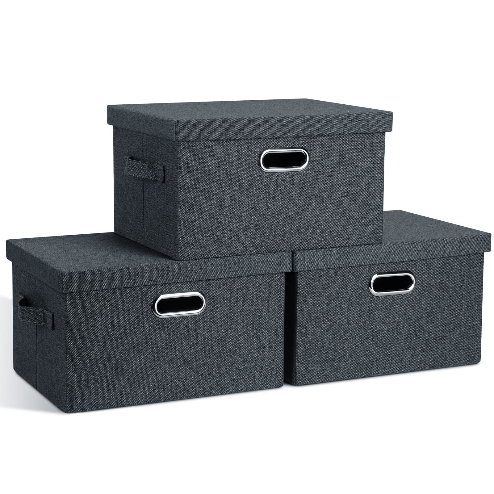 Graciadeco Large Quart Collapsible Stackable Storage Bins with Lids, 3 Packs Beige Linen Fabric Closet Boxes with Lids, Storage Cube Baskets Container Organizers for Bedroom Office(16.6 x 11.7 x 10.8)