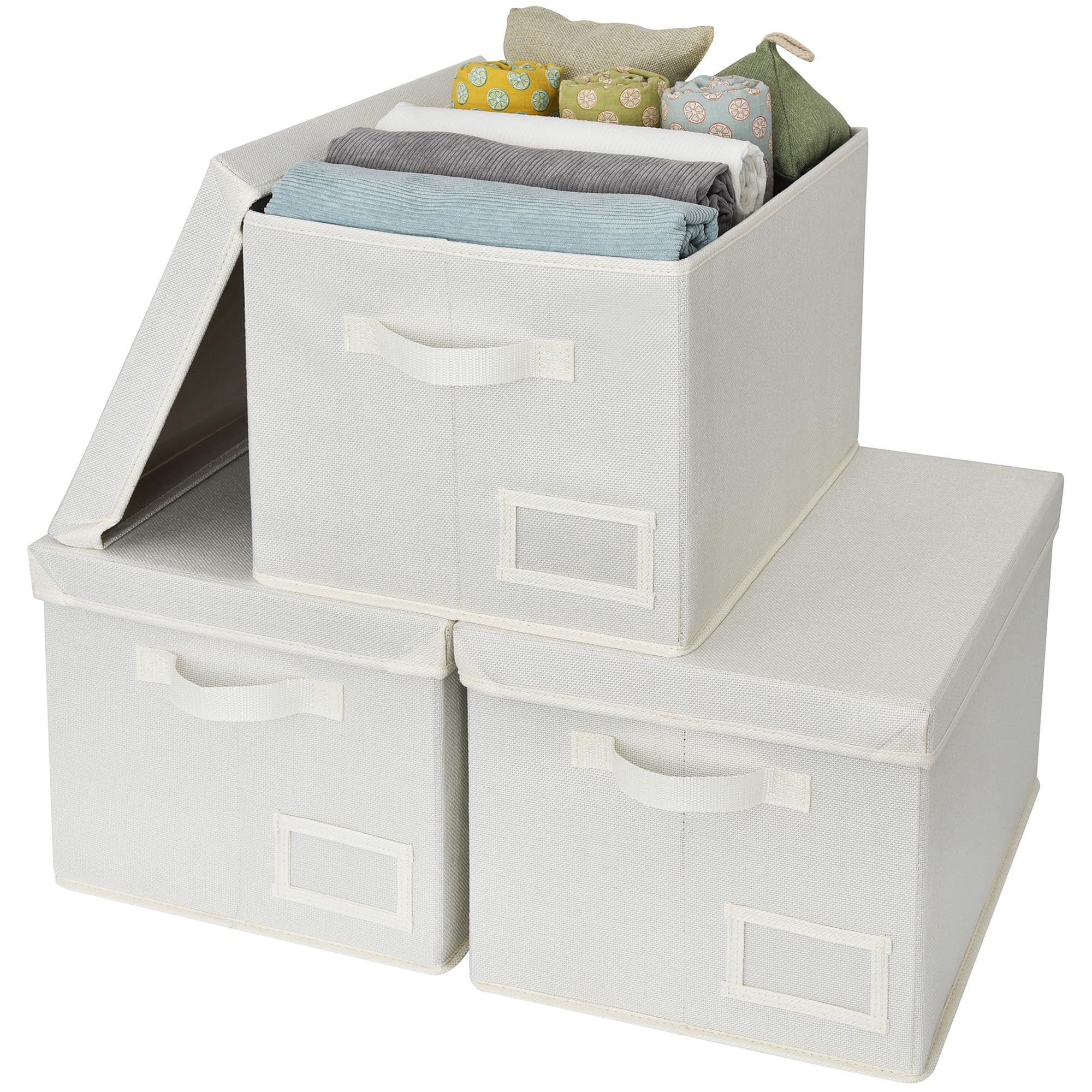 GRANNY SAYS Storage Basket with Lid, Linen Fabric Storage Bins with Label, Decorative Storage Boxes, Clothes Storage and Organization, Memory Keepsake Box, 3-Pack, Khaki&Ivory