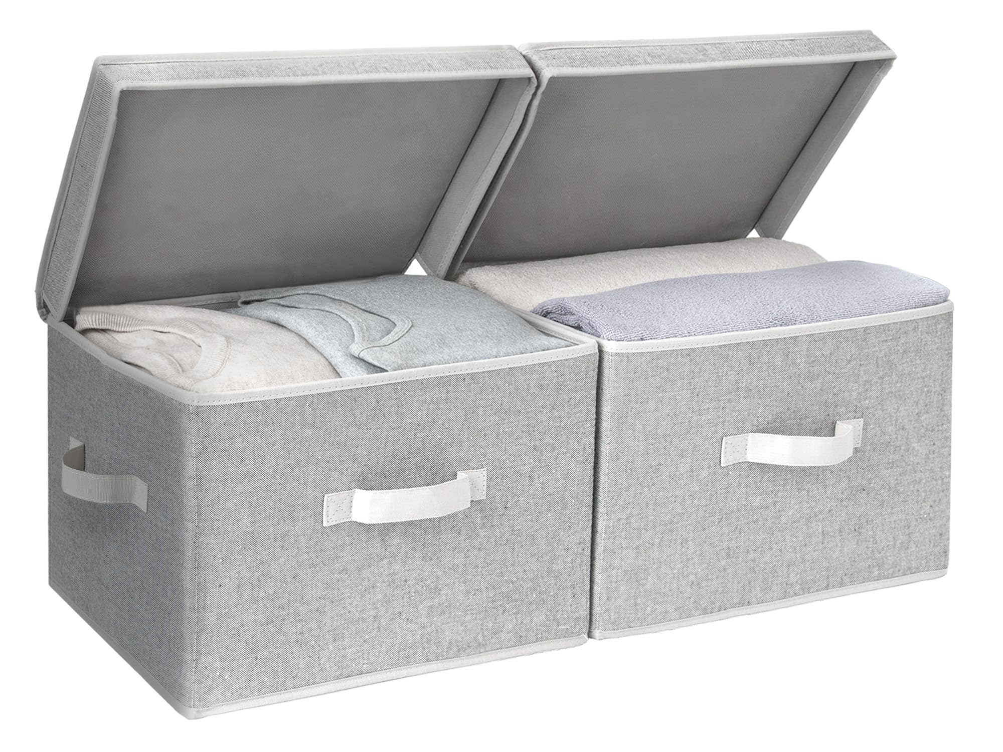 StorageWorks Fabric Storage Bins with Lid, Decorative Storage Boxes for Shelves, Stackable Closet Organizer Basket with Handles, Large, Mixing of Beige, White & Ivory, 2-Pack