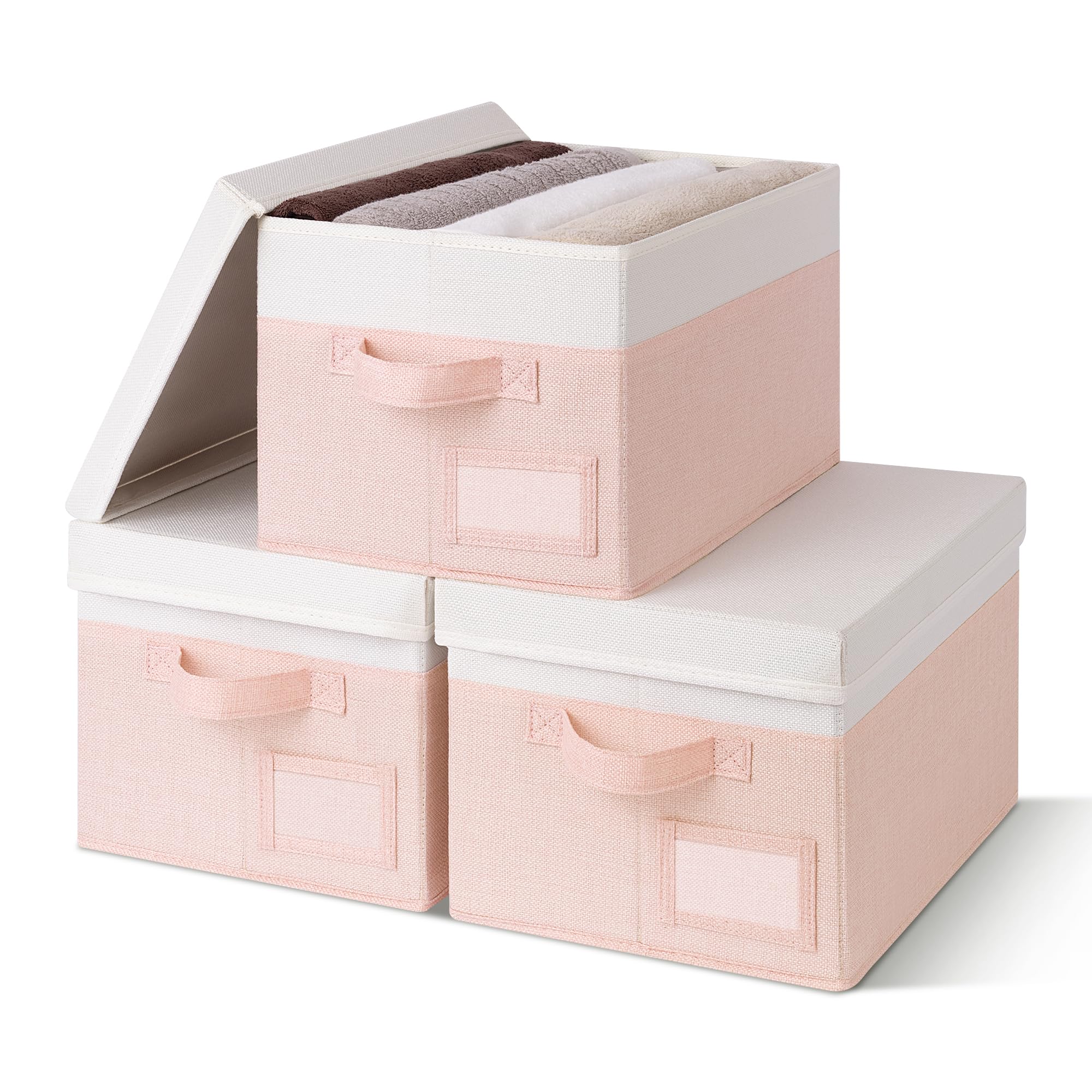 GRANNY SAYS Storage Basket with Lid, Linen Fabric Storage Bins with Label, Decorative Storage Boxes, Clothes Storage and Organization, Memory Keepsake Box, 3-Pack, Khaki&Ivory