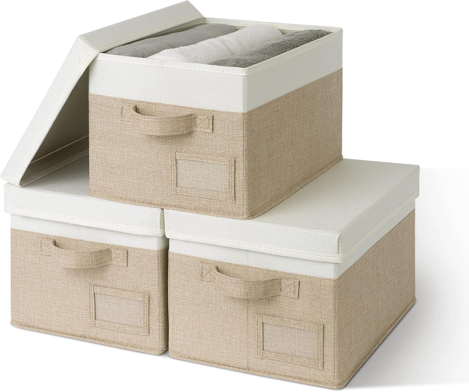 GRANNY SAYS Storage Basket with Lid, Linen Fabric Storage Bins with Label, Decorative Storage Boxes, Clothes Storage and Organization, Memory Keepsake Box, 3-Pack, Khaki&Ivory