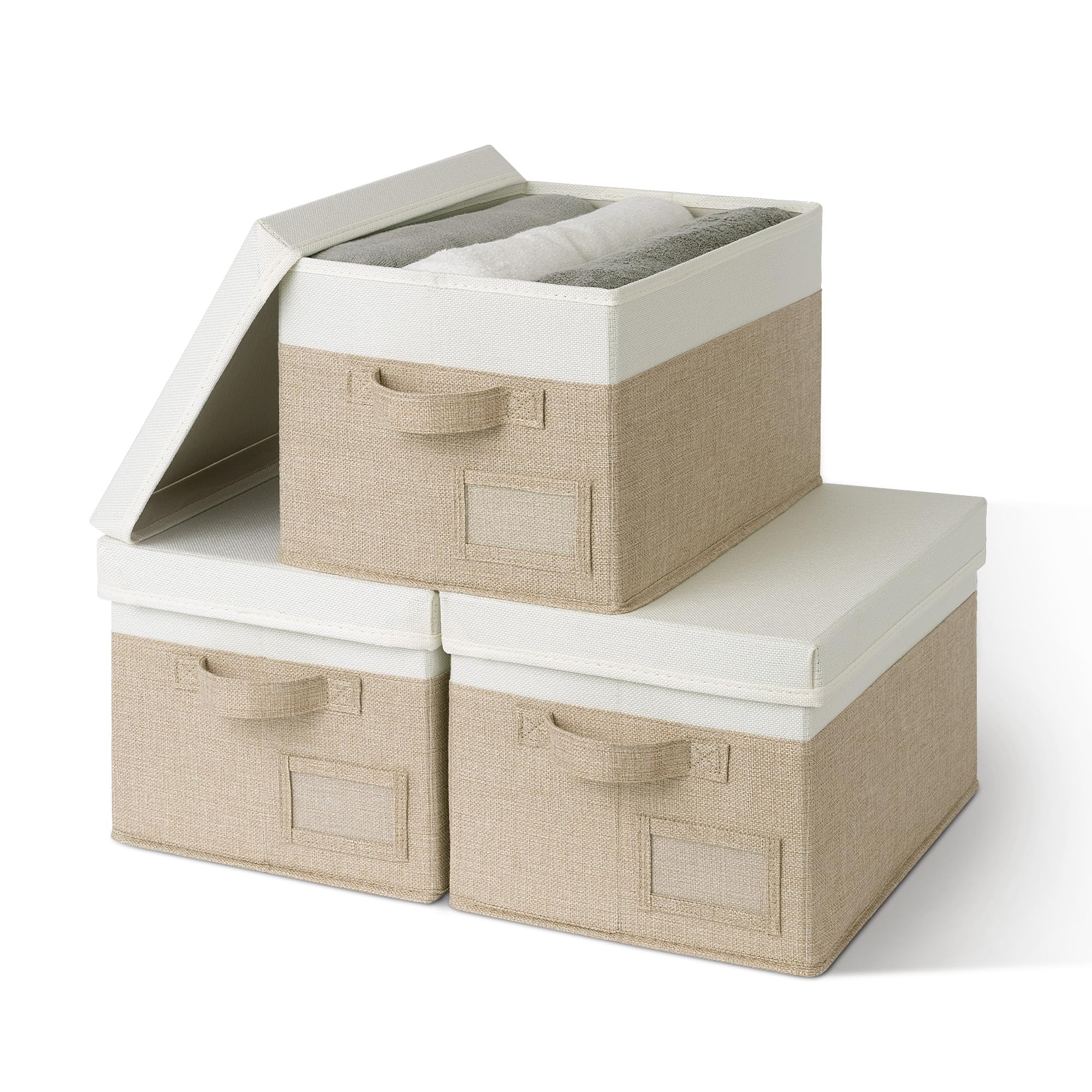 GRANNY SAYS Storage Basket with Lid, Linen Fabric Storage Bins with Label, Decorative Storage Boxes, Clothes Storage and Organization, Memory Keepsake Box, 3-Pack, Khaki&Ivory