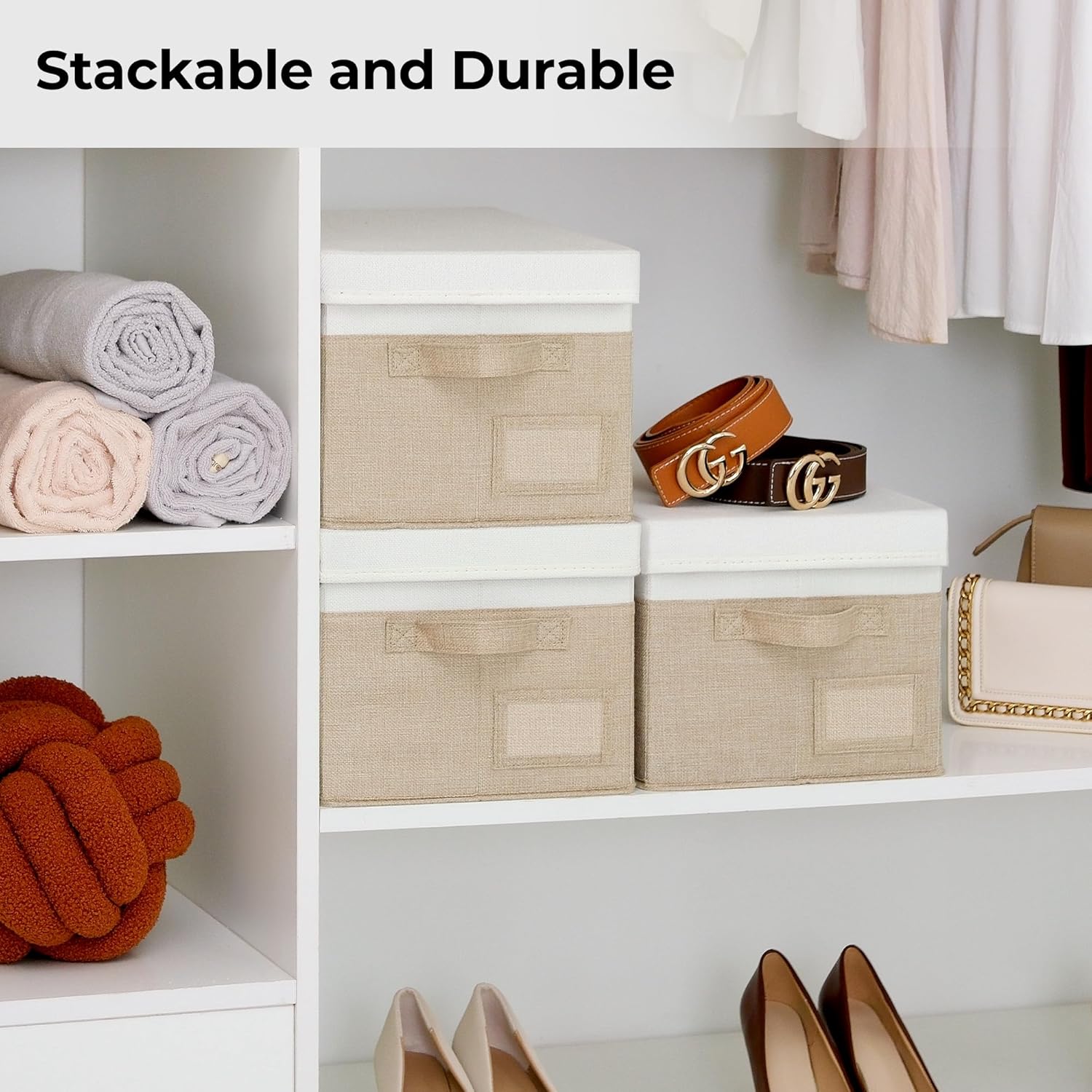 GRANNY SAYS Storage Basket with Lid, Linen Fabric Storage Bins with Label, Decorative Storage Boxes, Clothes Storage and Organization, Memory Keepsake Box, 3-Pack, Khaki&Ivory