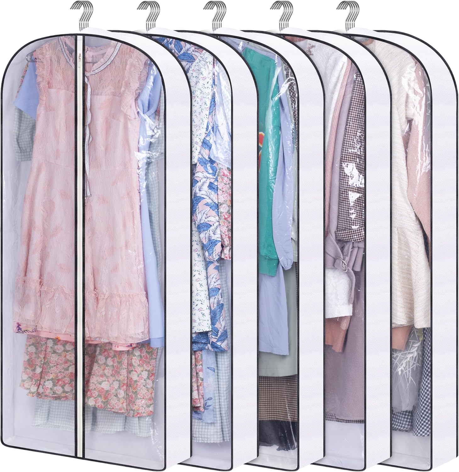 SLEEPING LAMB 60" Long Hanging Garment Bags for Closet Storage Gusseted Clear Dress Bag for Clothes, Gowns, Coats, Suits, 5 Packs