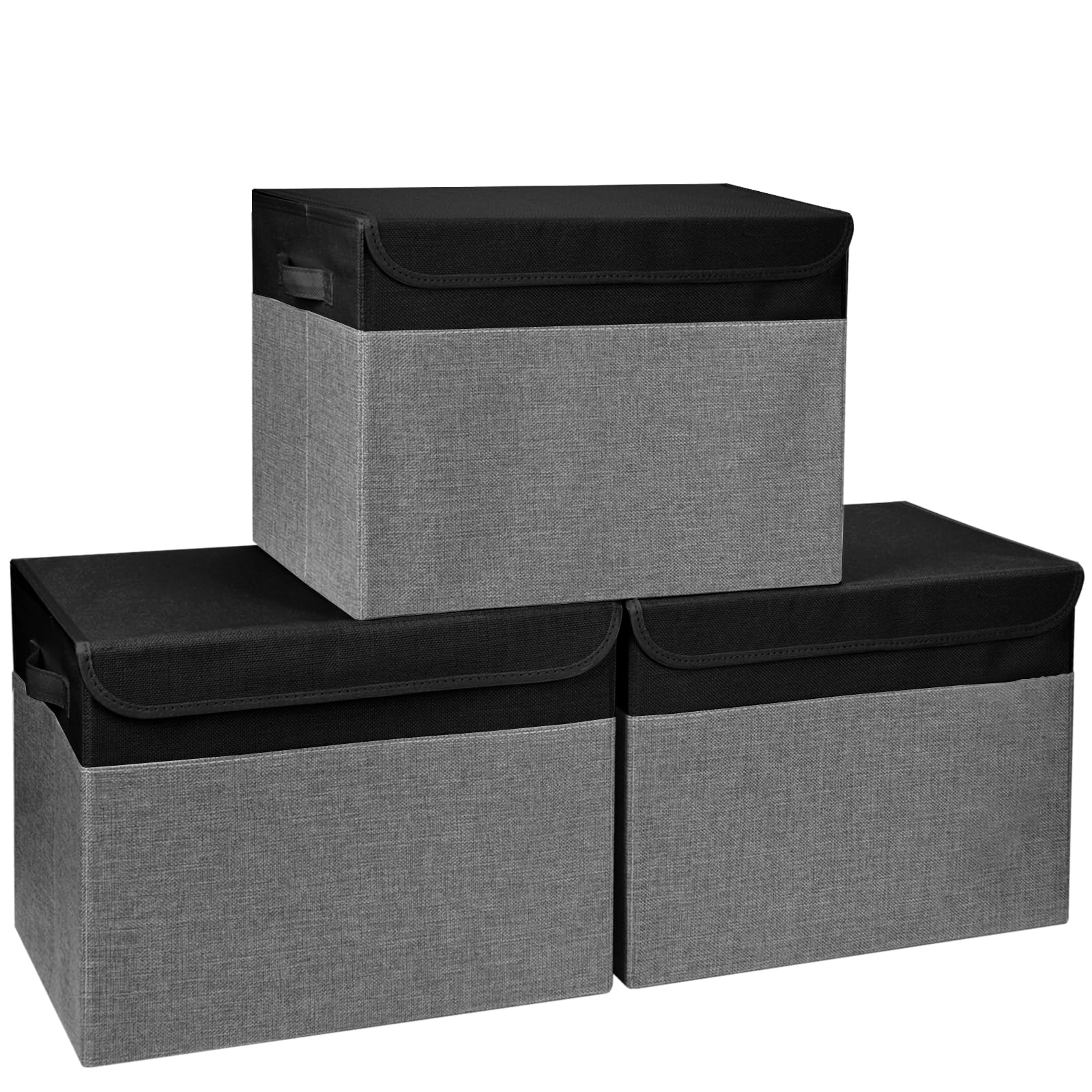 Bagnizer Large 17" 42 Quarts Collapsible Stackable Storage Bins with Lids [3-Pack] Foldable Fabric Linen Storage Boxes Cube, Closet Organizer Baskets with Label for Home (16.7 x 12 x 12, Gray)