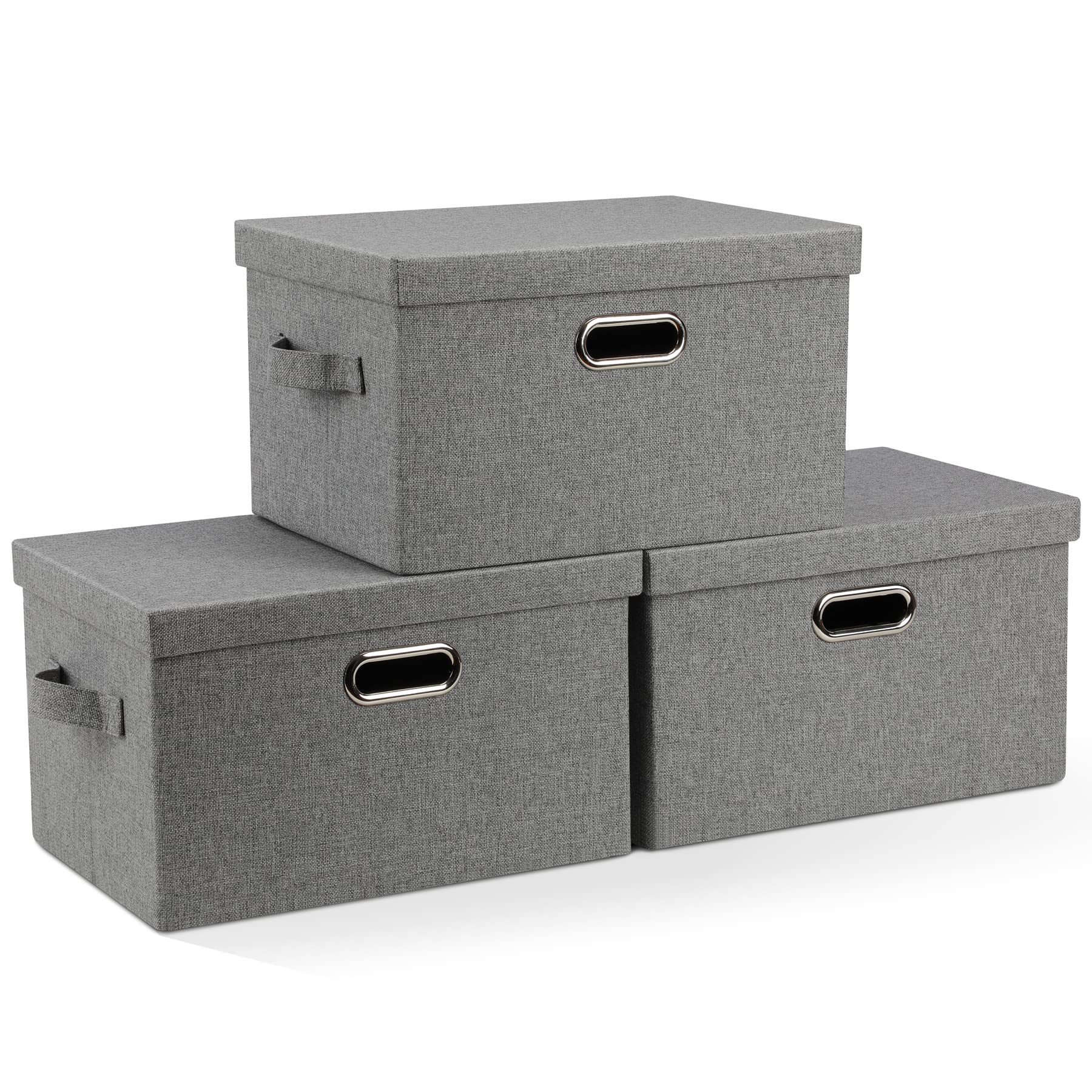 Graciadeco Large Quart Collapsible Stackable Storage Bins with Lids, 3 Packs Beige Linen Fabric Closet Boxes with Lids, Storage Cube Baskets Container Organizers for Bedroom Office(16.6 x 11.7 x 10.8)