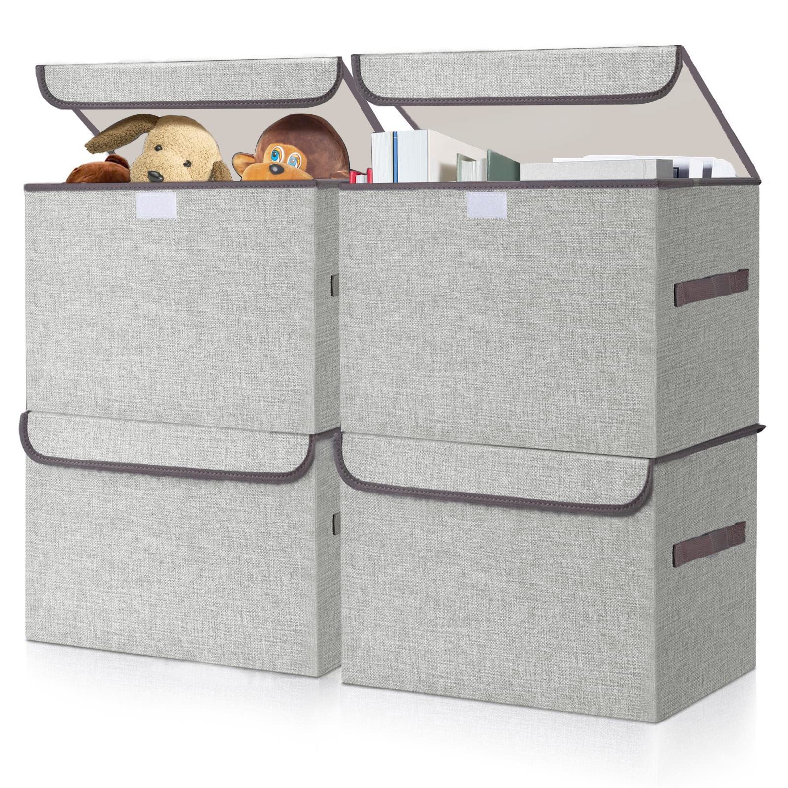 Bagnizer Large 17" 42 Quarts Collapsible Stackable Storage Bins with Lids [3-Pack] Foldable Fabric Linen Storage Boxes Cube, Closet Organizer Baskets with Label for Home (16.7 x 12 x 12, Gray)