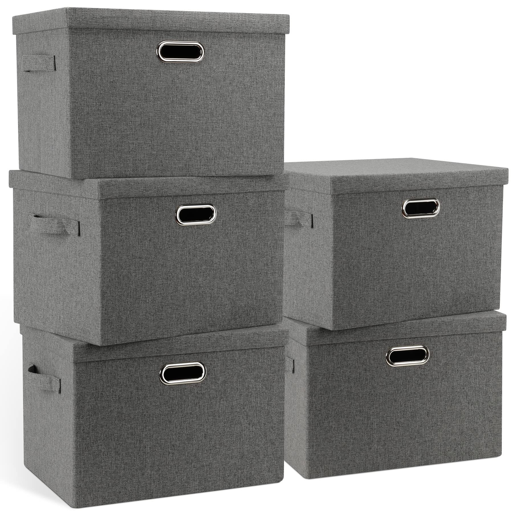Graciadeco Large Quart Collapsible Stackable Storage Bins with Lids, 3 Packs Beige Linen Fabric Closet Boxes with Lids, Storage Cube Baskets Container Organizers for Bedroom Office(16.6 x 11.7 x 10.8)