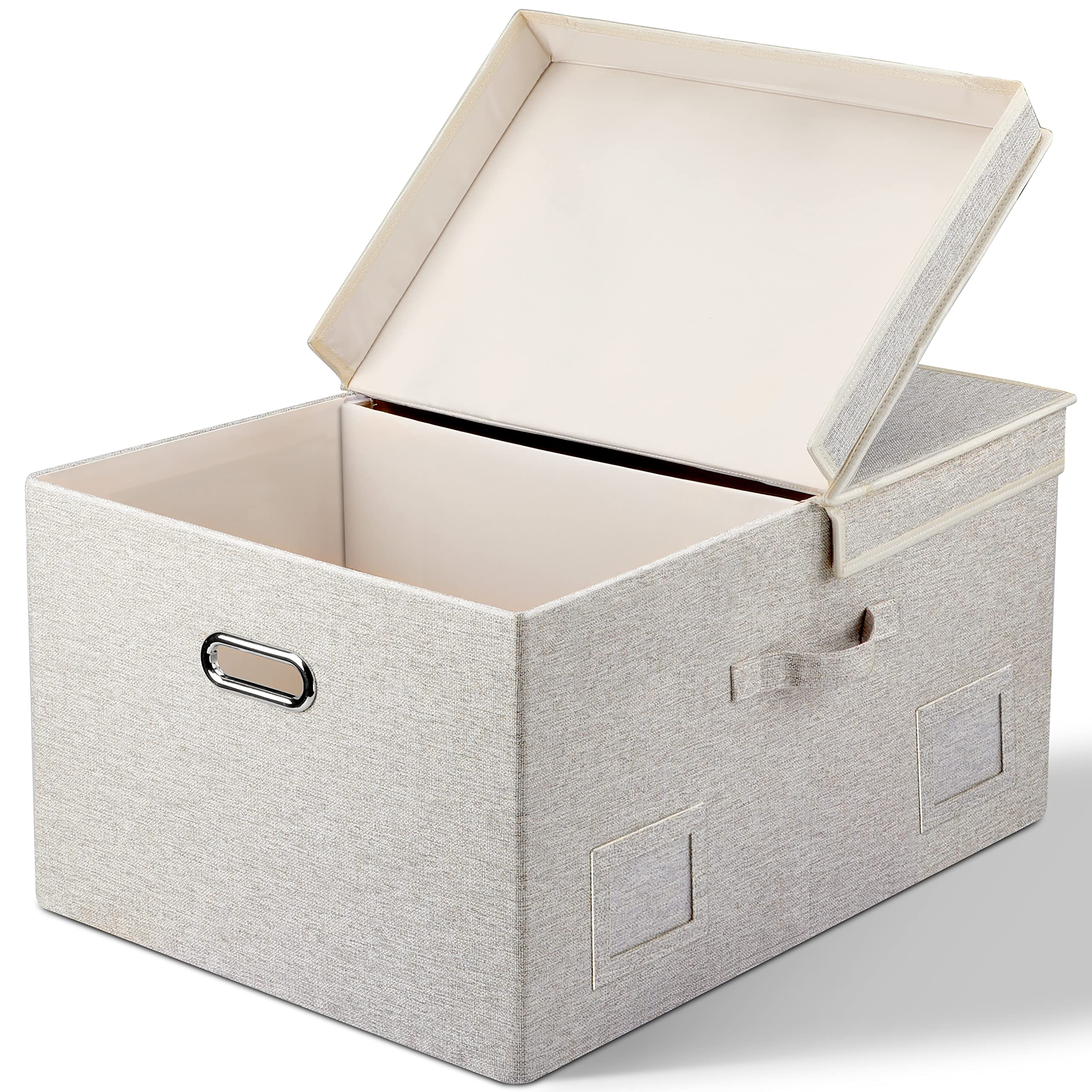 Graciadeco Large Quart Collapsible Stackable Storage Bins with Lids, 3 Packs Beige Linen Fabric Closet Boxes with Lids, Storage Cube Baskets Container Organizers for Bedroom Office(16.6 x 11.7 x 10.8)
