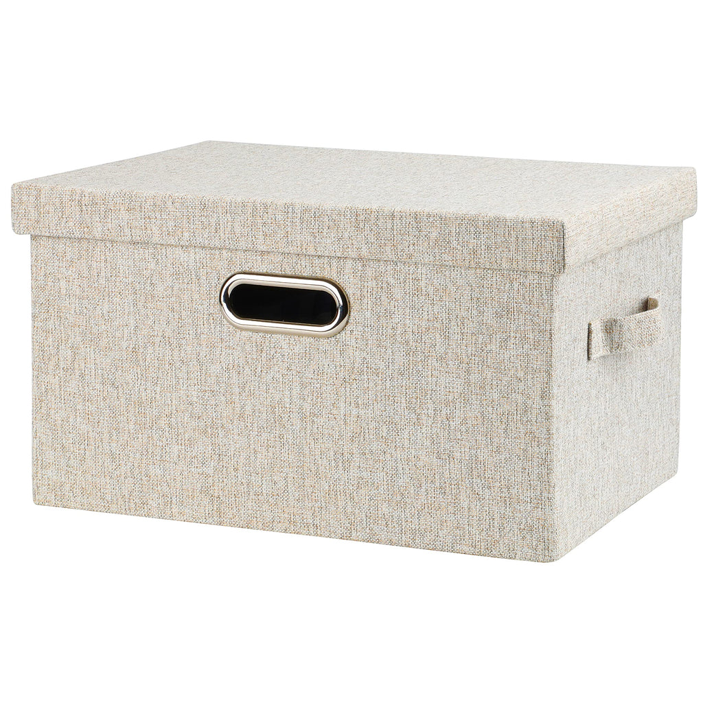 Graciadeco Large Quart Collapsible Stackable Storage Bins with Lids, 3 Packs Beige Linen Fabric Closet Boxes with Lids, Storage Cube Baskets Container Organizers for Bedroom Office(16.6 x 11.7 x 10.8)