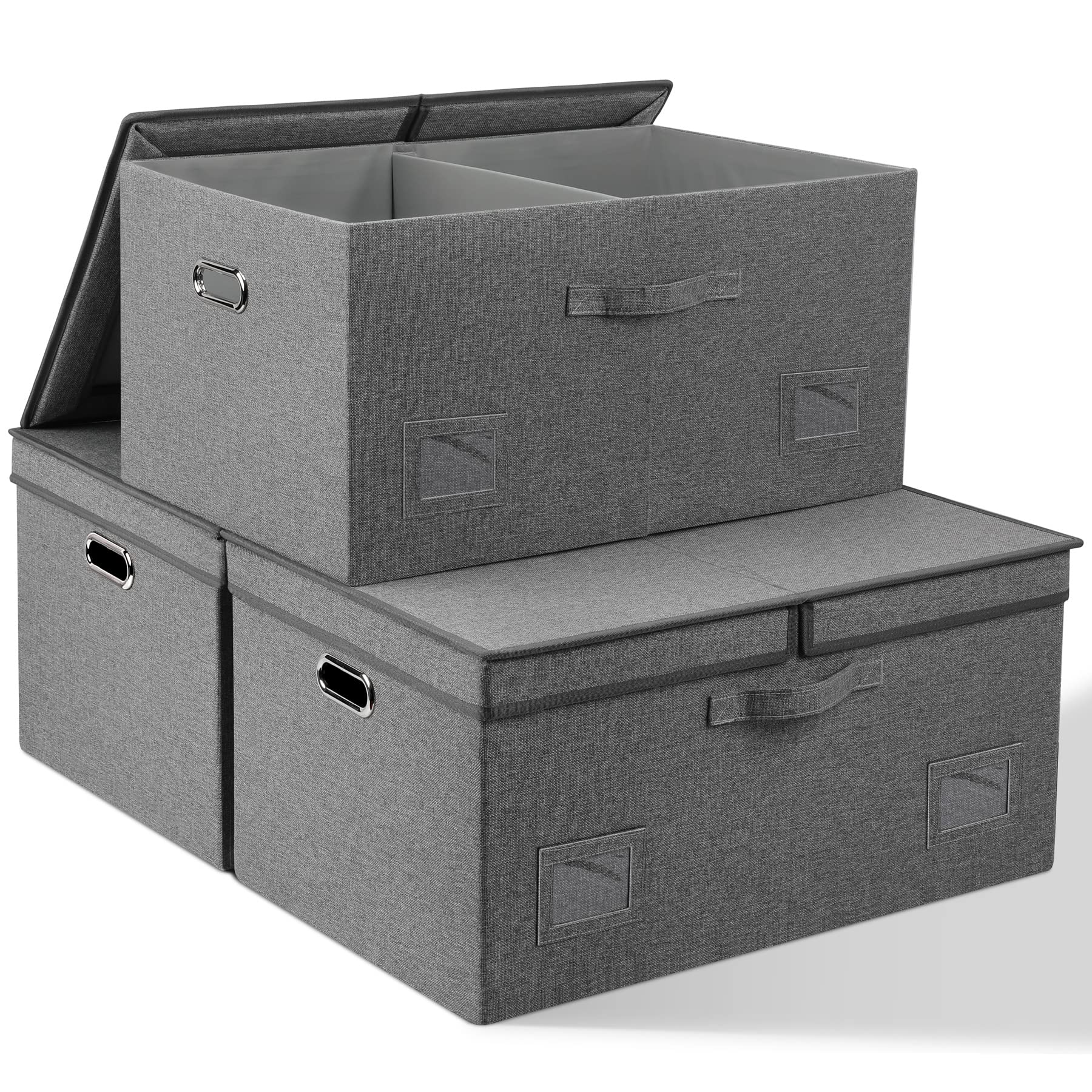 Graciadeco Large Quart Collapsible Stackable Storage Bins with Lids, 3 Packs Beige Linen Fabric Closet Boxes with Lids, Storage Cube Baskets Container Organizers for Bedroom Office(16.6 x 11.7 x 10.8)