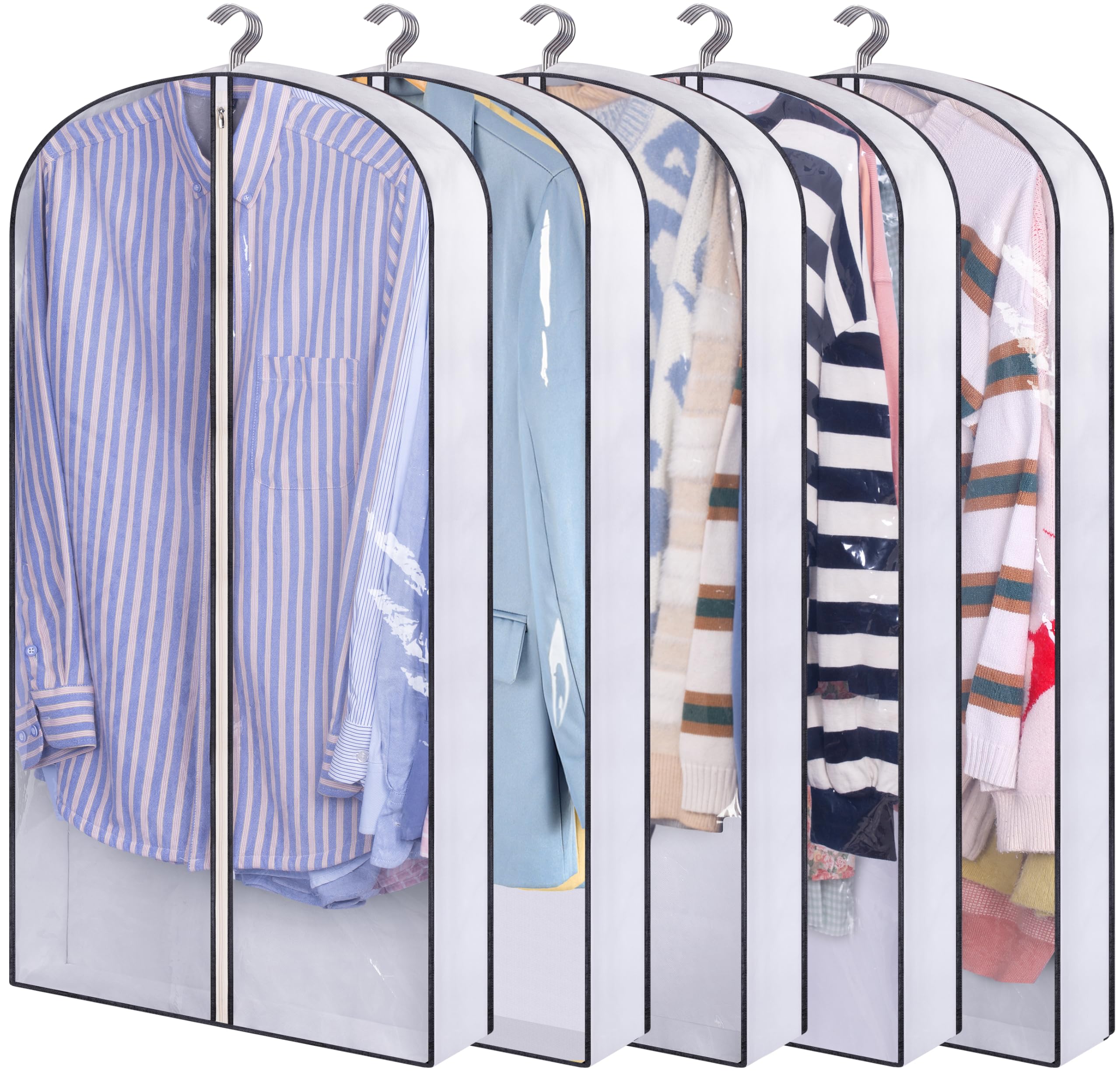 SLEEPING LAMB 60" Long Hanging Garment Bags for Closet Storage Gusseted Clear Dress Bag for Clothes, Gowns, Coats, Suits, 5 Packs