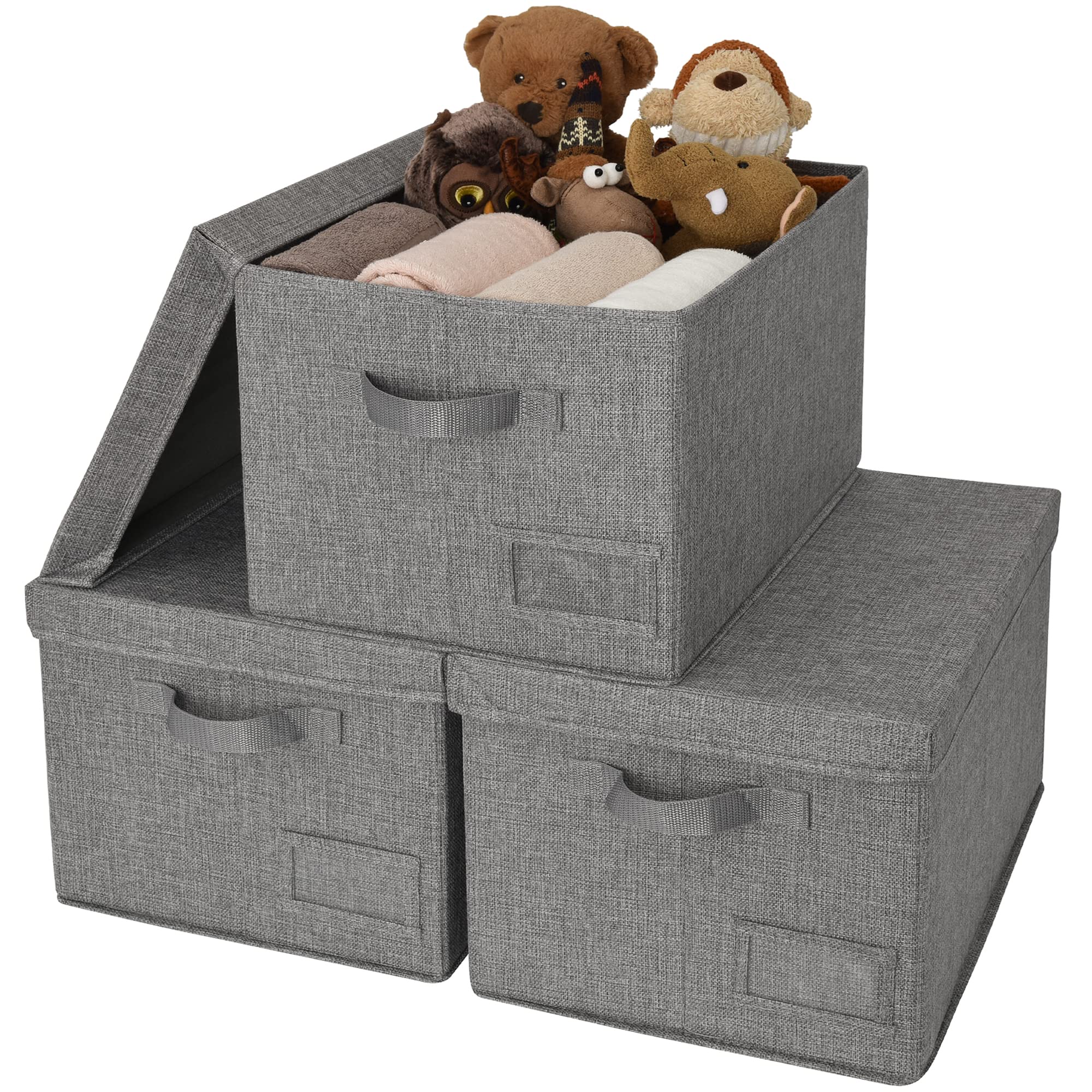 GRANNY SAYS Storage Basket with Lid, Linen Fabric Storage Bins with Label, Decorative Storage Boxes, Clothes Storage and Organization, Memory Keepsake Box, 3-Pack, Khaki&Ivory