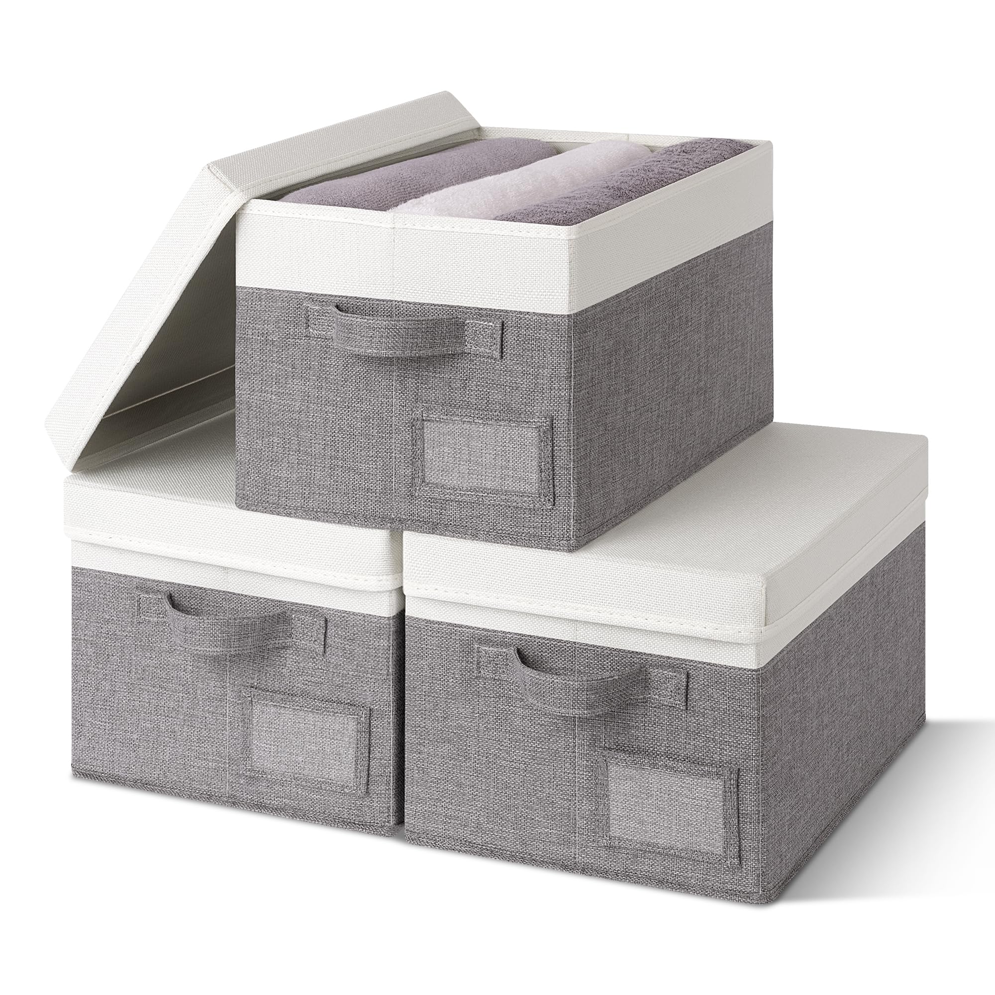 GRANNY SAYS Storage Basket with Lid, Linen Fabric Storage Bins with Label, Decorative Storage Boxes, Clothes Storage and Organization, Memory Keepsake Box, 3-Pack, Khaki&Ivory