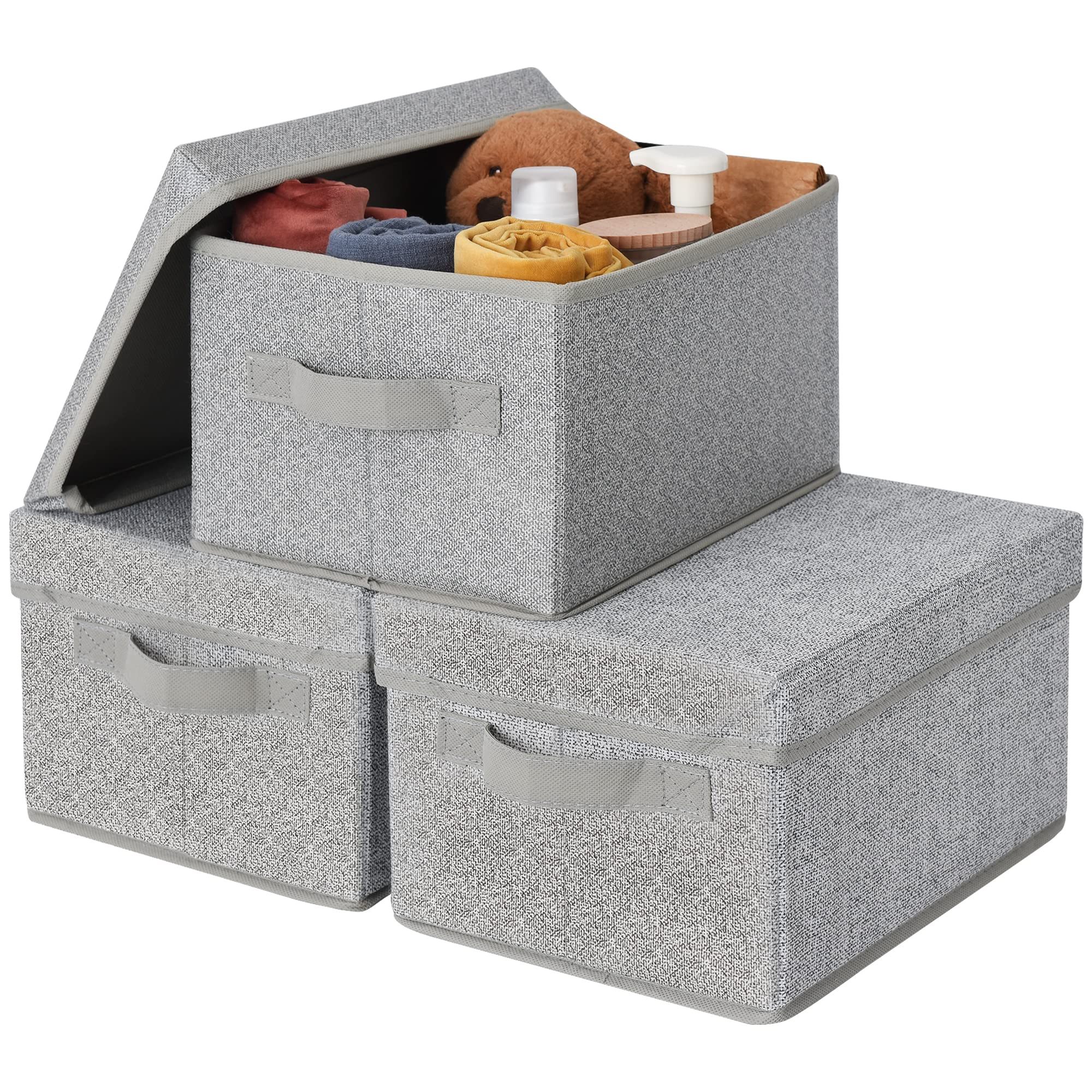 GRANNY SAYS Storage Basket with Lid, Linen Fabric Storage Bins with Label, Decorative Storage Boxes, Clothes Storage and Organization, Memory Keepsake Box, 3-Pack, Khaki&Ivory