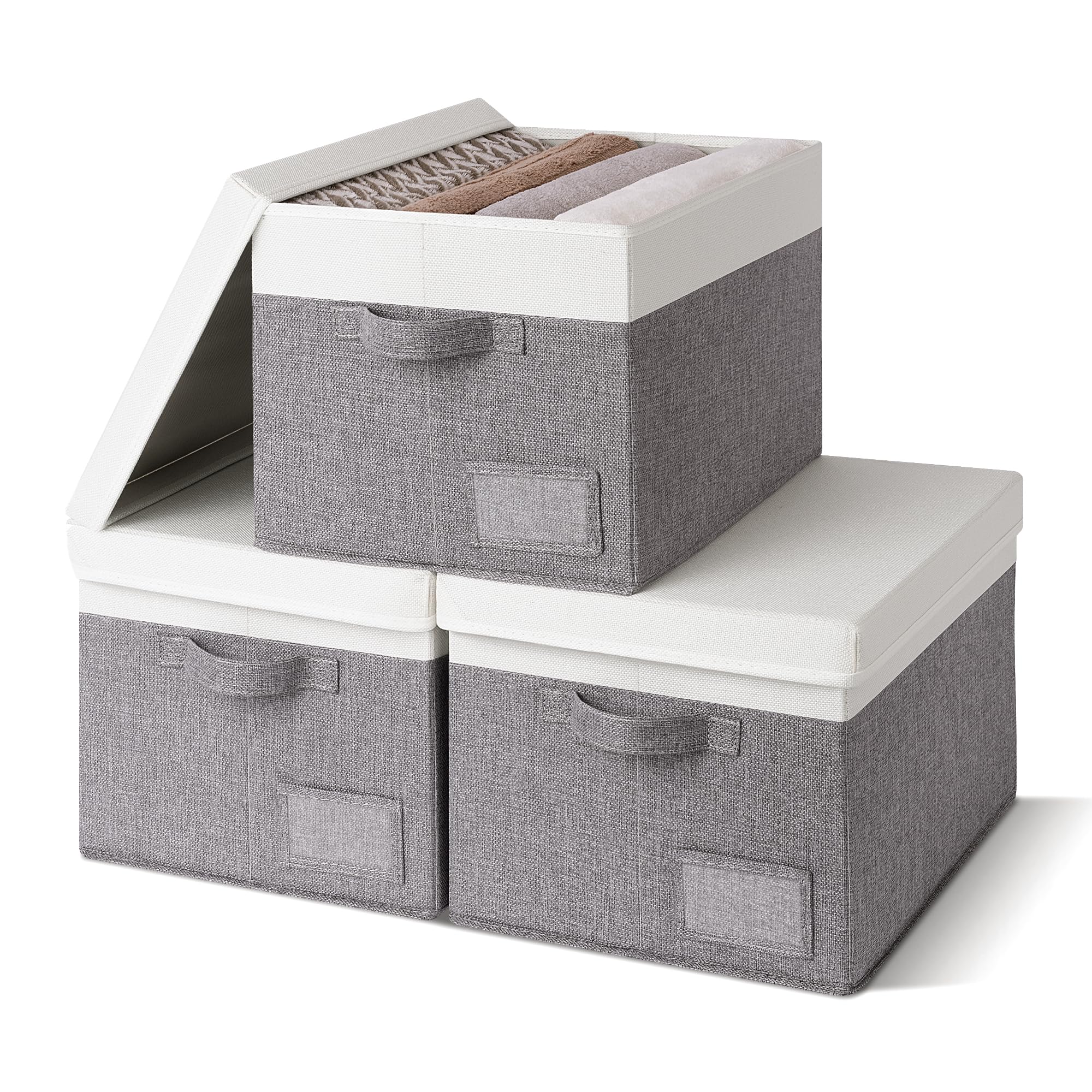 GRANNY SAYS Storage Basket with Lid, Linen Fabric Storage Bins with Label, Decorative Storage Boxes, Clothes Storage and Organization, Memory Keepsake Box, 3-Pack, Khaki&Ivory