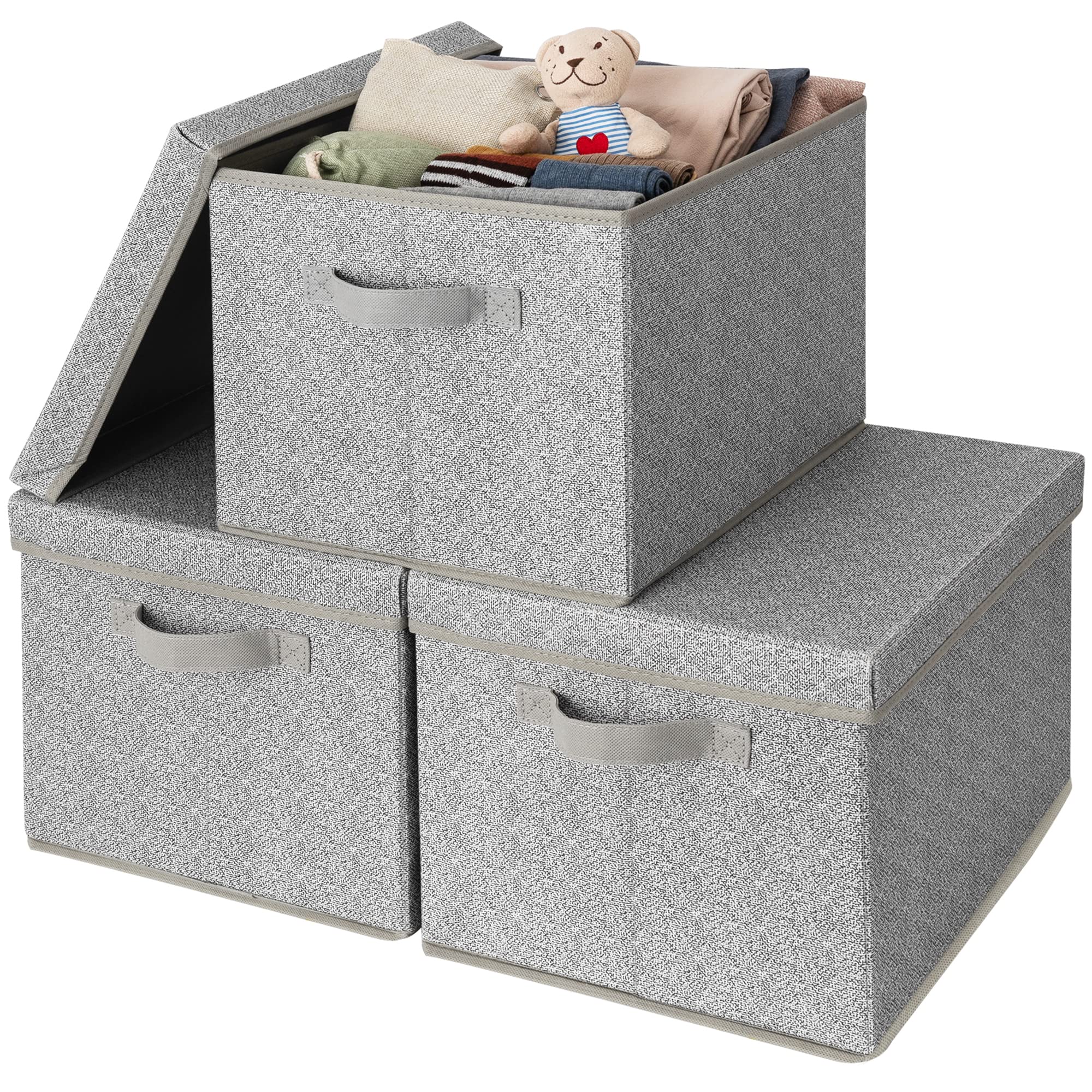 GRANNY SAYS Storage Basket with Lid, Linen Fabric Storage Bins with Label, Decorative Storage Boxes, Clothes Storage and Organization, Memory Keepsake Box, 3-Pack, Khaki&Ivory