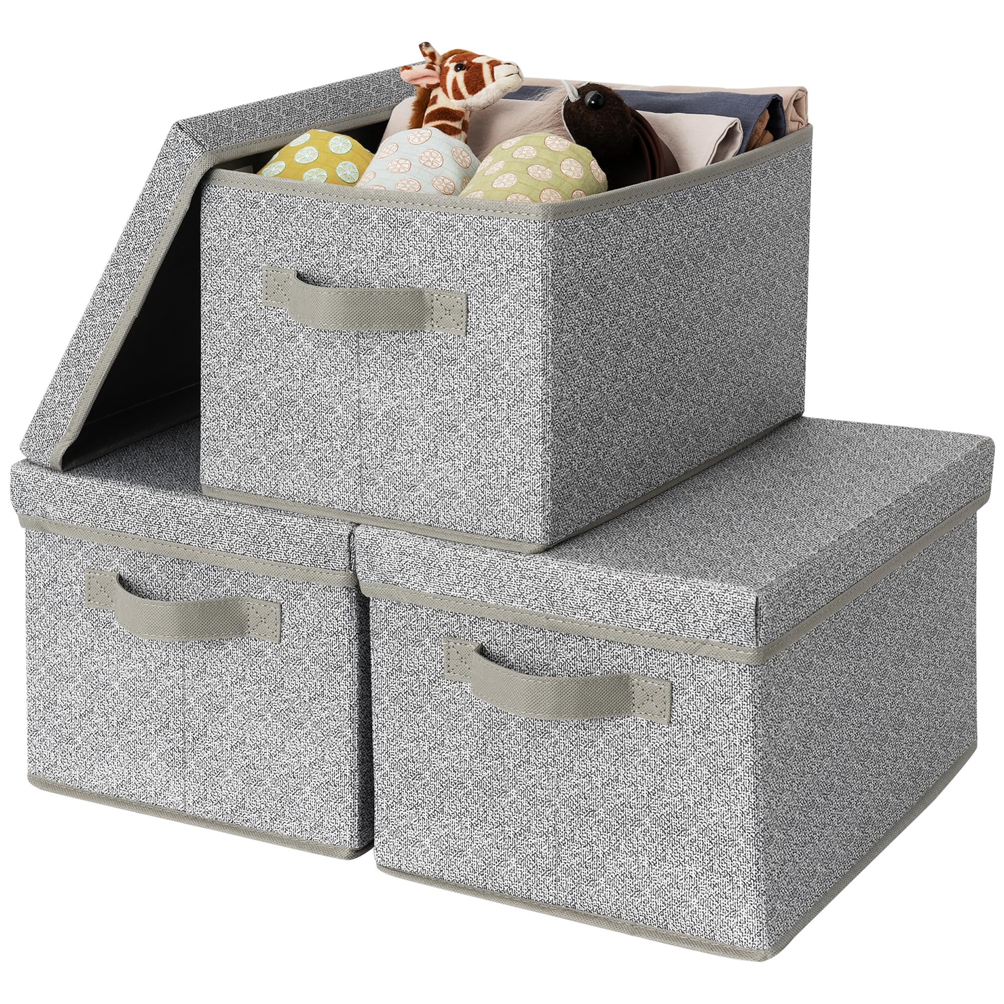 GRANNY SAYS Storage Basket with Lid, Linen Fabric Storage Bins with Label, Decorative Storage Boxes, Clothes Storage and Organization, Memory Keepsake Box, 3-Pack, Khaki&Ivory