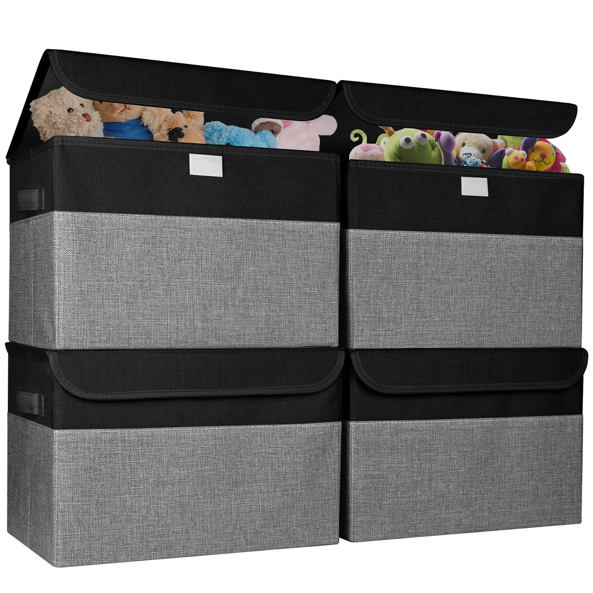 Bagnizer Large 17" 42 Quarts Collapsible Stackable Storage Bins with Lids [3-Pack] Foldable Fabric Linen Storage Boxes Cube, Closet Organizer Baskets with Label for Home (16.7 x 12 x 12, Gray)