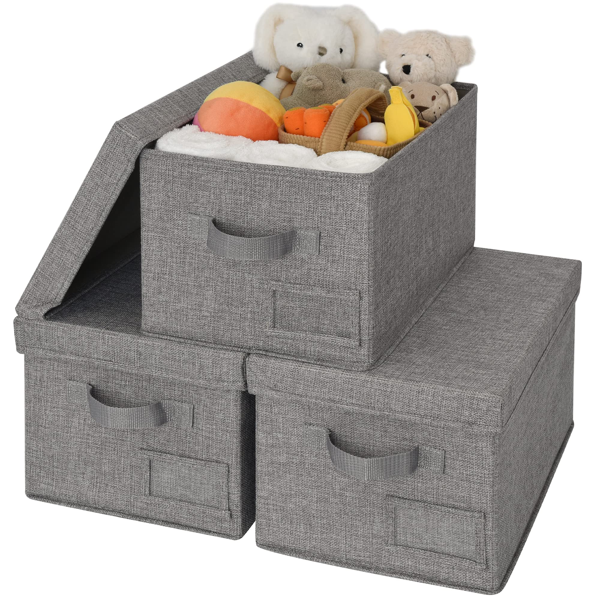 GRANNY SAYS Storage Basket with Lid, Linen Fabric Storage Bins with Label, Decorative Storage Boxes, Clothes Storage and Organization, Memory Keepsake Box, 3-Pack, Khaki&Ivory